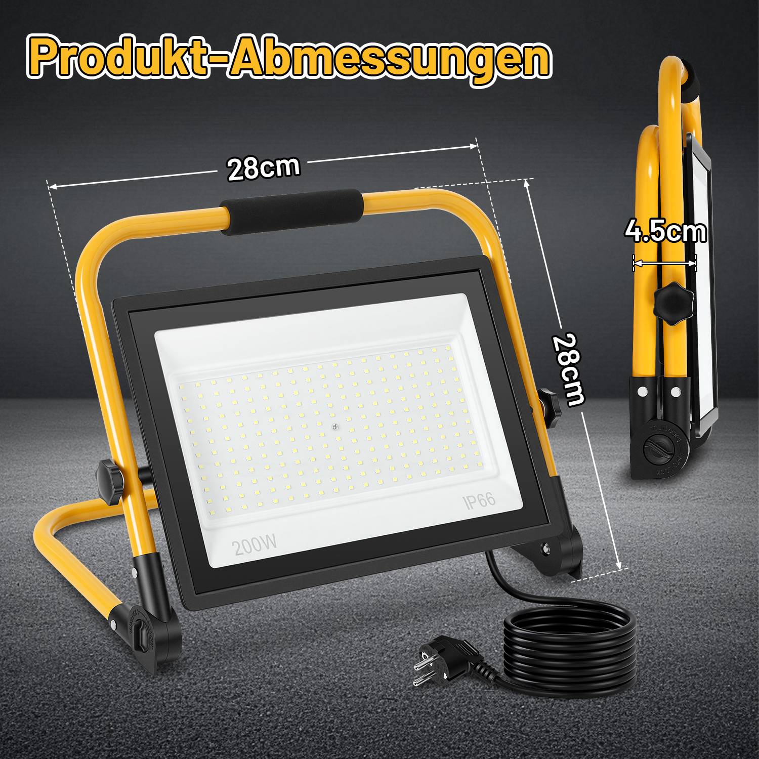 2 Stück LED Baustrahler 200W 16000lm 6500K Hochleistungs Flutlicht mit Standgestell &amp; 3m Kabel für Bau Industrie Außenbereich, Kaltweiß