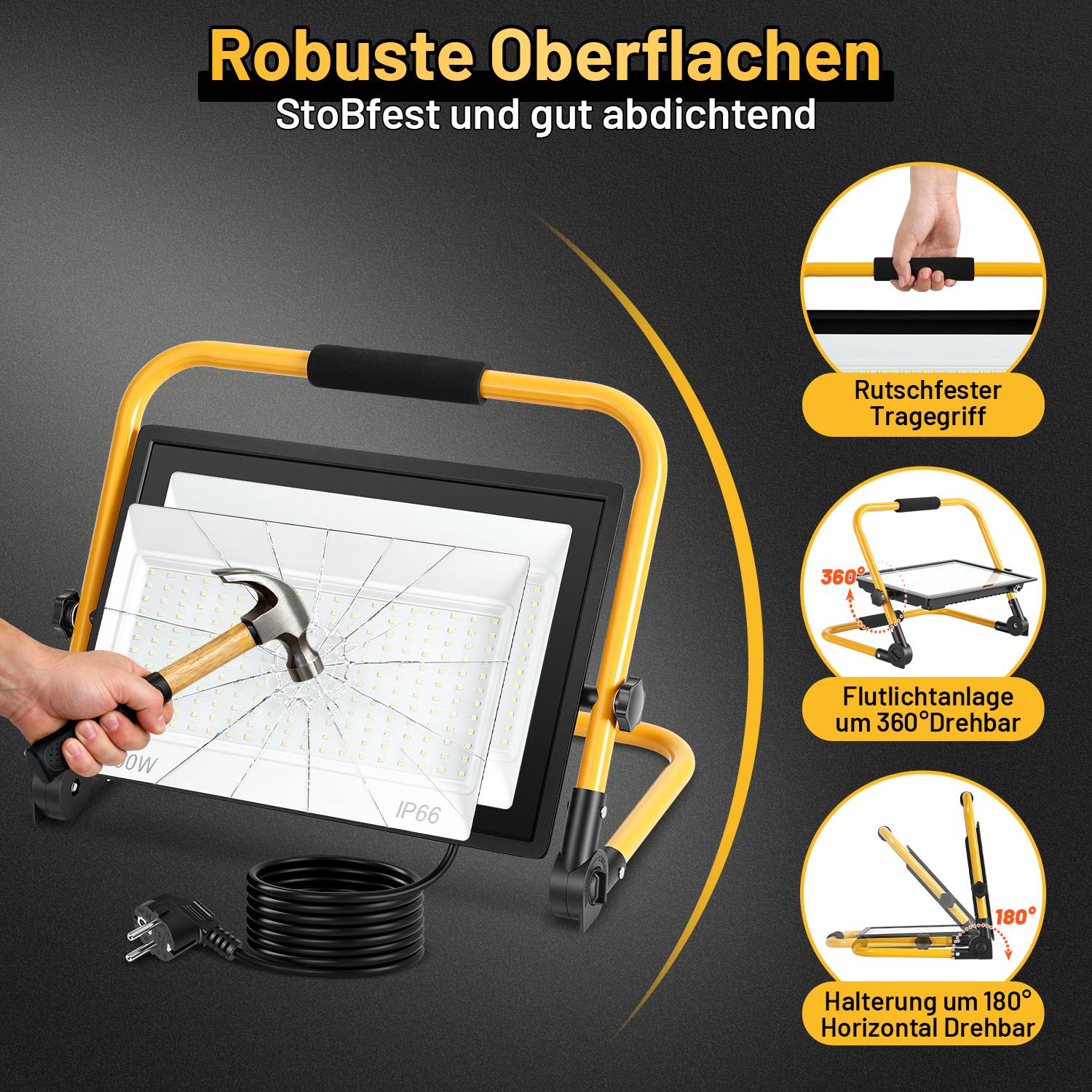 Werbebild einer gelben tragbaren LED-Arbeitsleuchte mit bruchsicherem, stoßfestem Objektiv, dargestellt mit Rissglaseffekt und Funktionsmarkierungen: rutschfester Griff, 360°-Drehständer, 180°-Horizontalrotation.