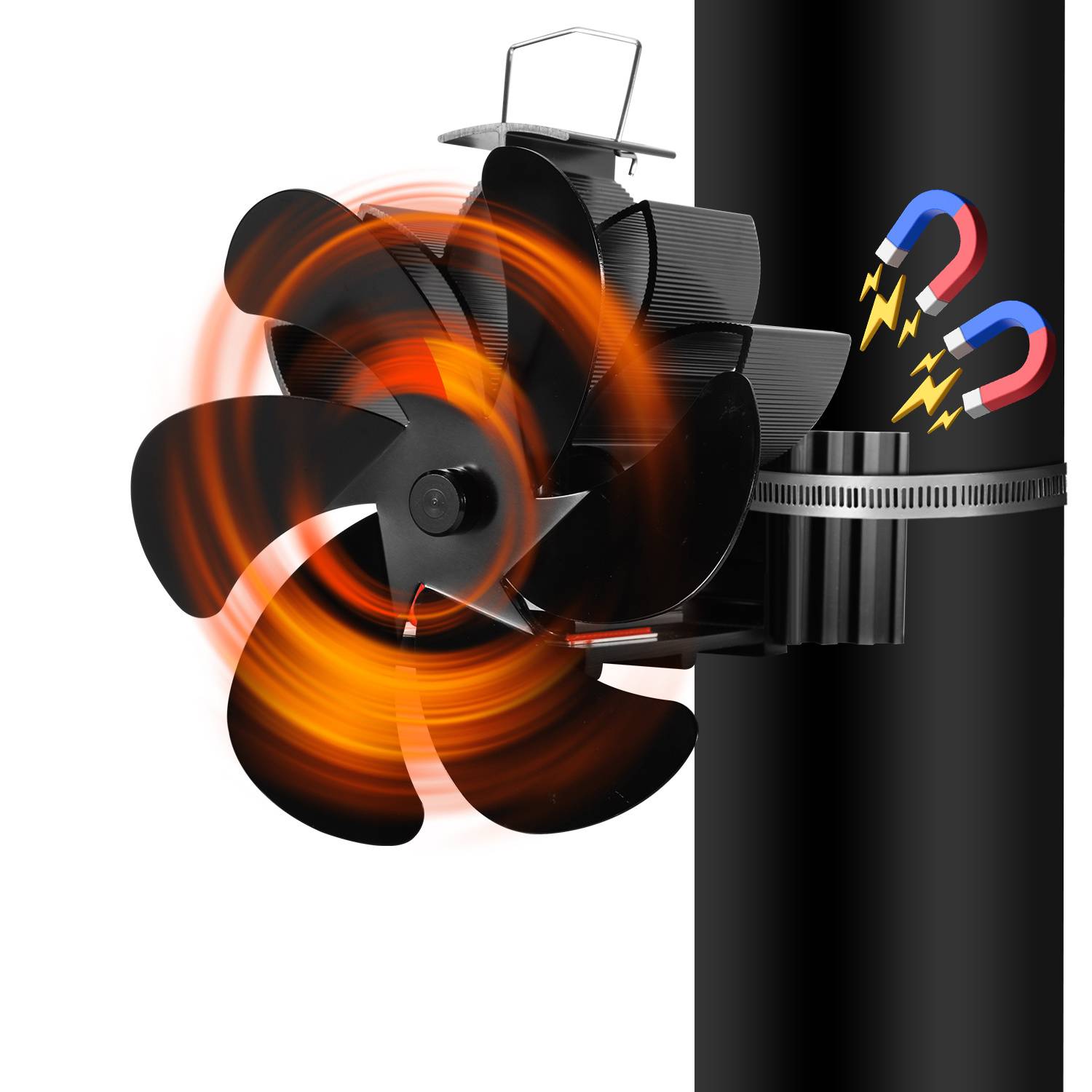 Darstellung eines rotierenden industriellen Rotors oder einer Turbine, die an einem schwarzen Zylinder befestigt ist, mit Magnetikonen, die Stromerzeugung durch elektromagnetische Kraft andeuten.