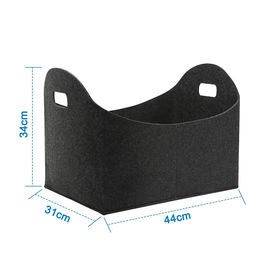 Schwarzer Filz-Aufbewahrungskorb mit ausgestanzten Griffen, gezeigt mit den Abmessungen 44 cm breit, 31 cm tief und 34 cm hoch.