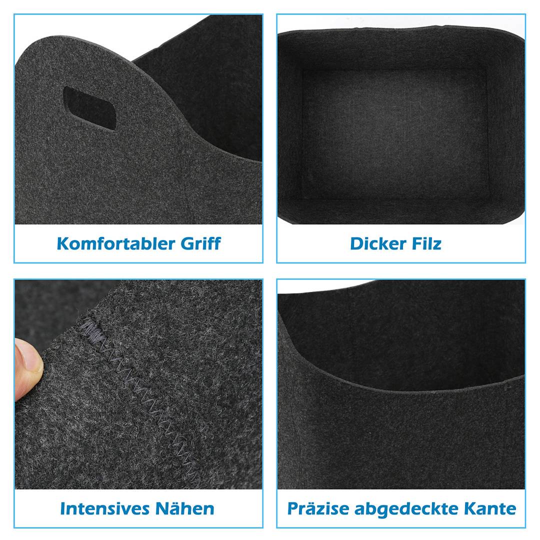 Vier-teilige Nahaufnahme eines schwarzen Filzorganizers mit ergonomischem Griff, dickerer Filzstärke, verstärkten Nähten und präzise verarbeiteter Kante.