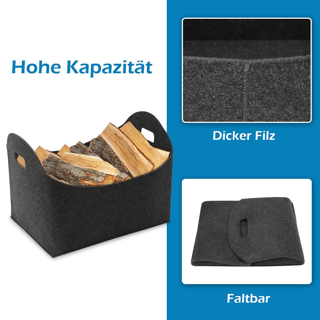 Schwarzer Filzholzkorb mit Griffen, shown mit Holzscheiten gefüllt; Beschriftungen heben hervor „Hohe Kapazität" (hohe Kapazität), dicker Filz und Faltbarkeit.