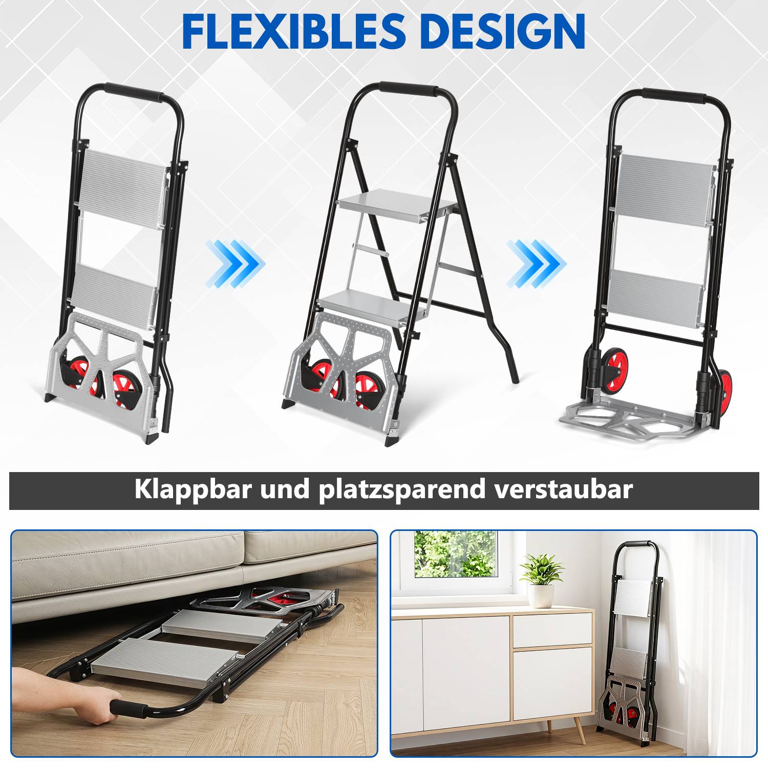 Treppensackkarre 2 in 1 mit 2 Stufen, klappbare Sackkarre und Klappleiter, Transportkarre bis 80 kg, Leiter bis 150 kg, platzsparend für Haushalt