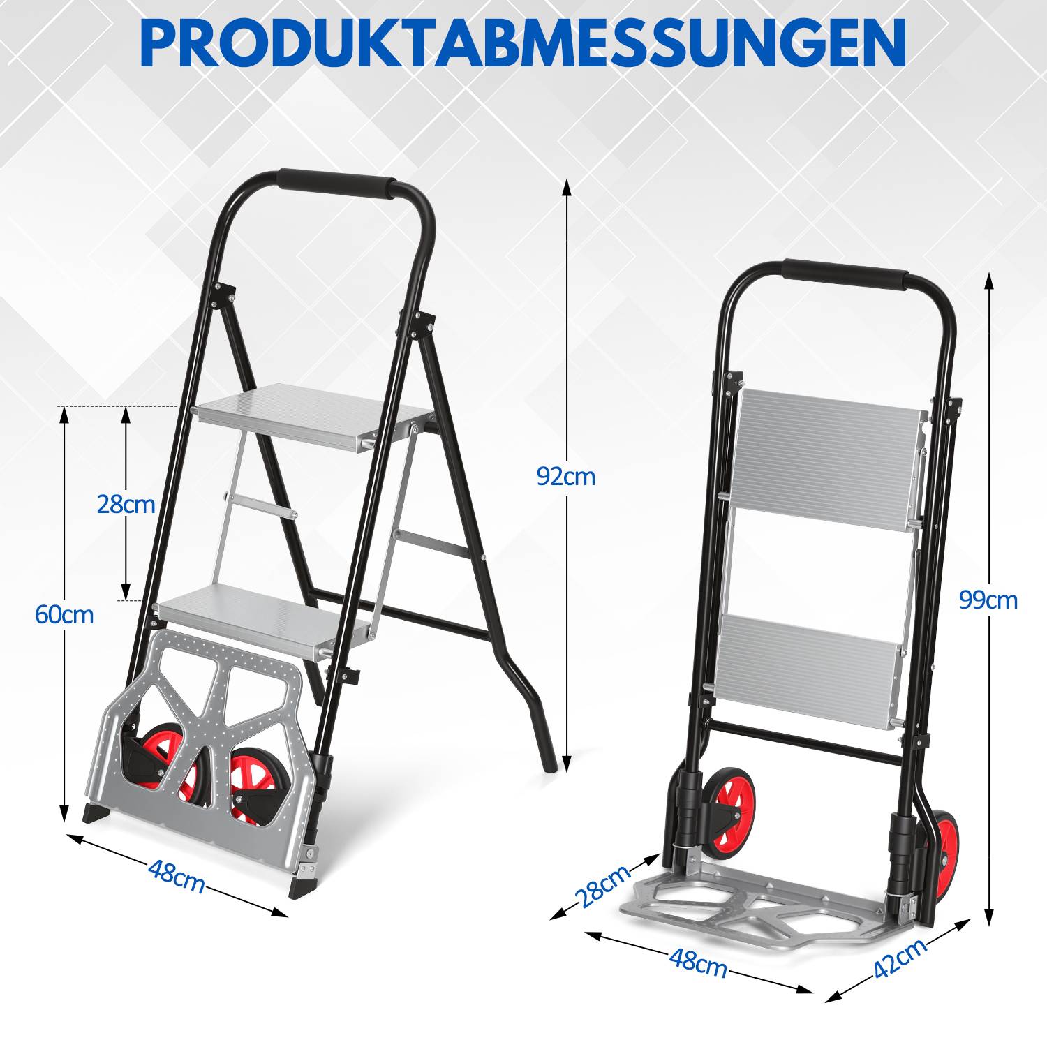 Treppensackkarre 2 in 1 mit 2 Stufen, klappbare Sackkarre und Klappleiter, Transportkarre bis 80 kg, Leiter bis 150 kg, platzsparend für Haushalt