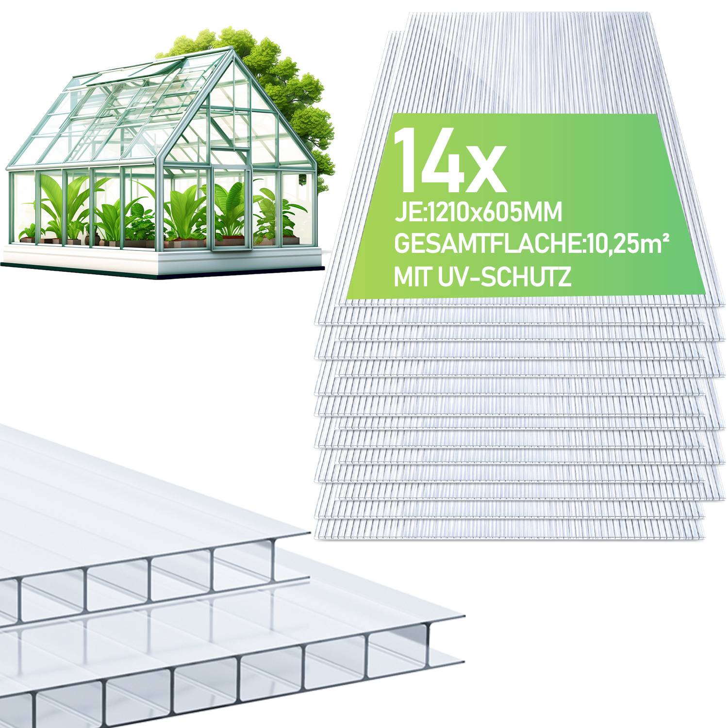 Satz aus 14 klaren Gewächshauselementen, gekennzeichnet JE:120x605MM, Gesamtfläche 10,25 m², mit UV-Schutz; dargestellt mit einer Gewächshausillustration.