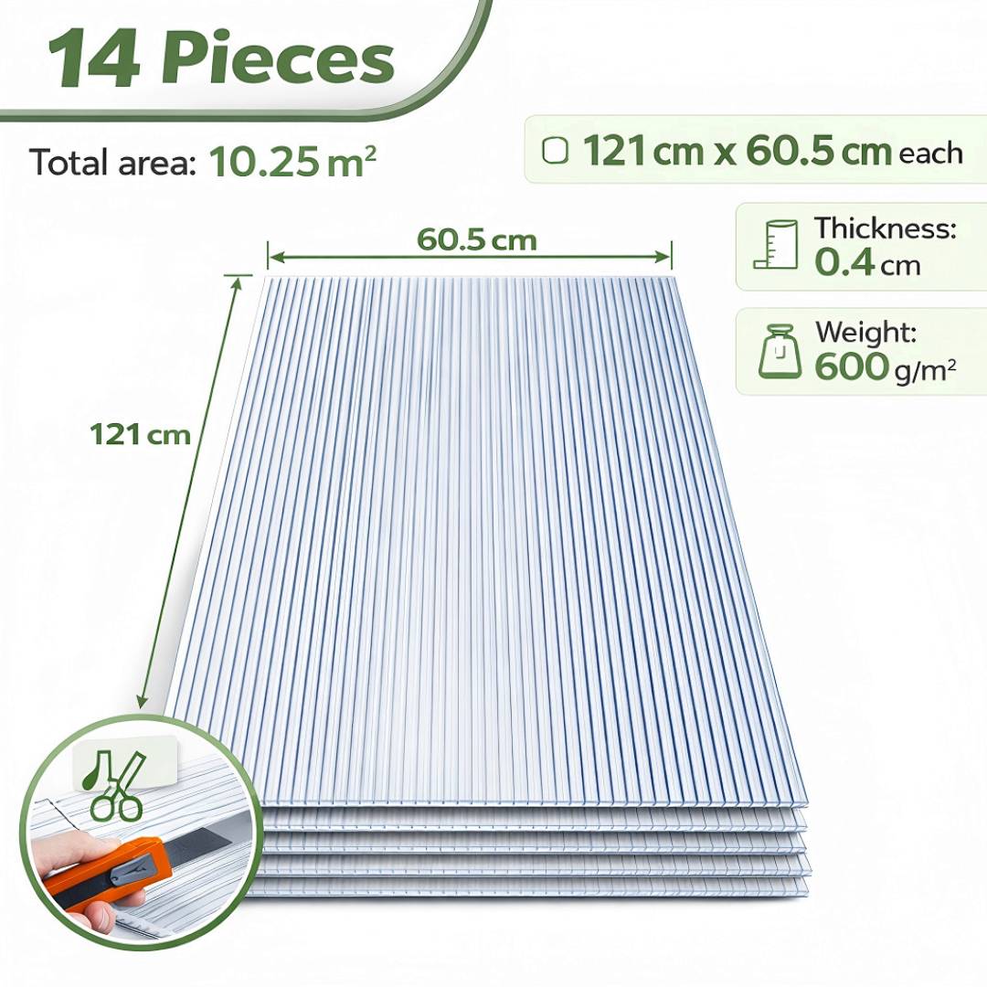 Produktdiagramm mit 14 gewellten Paneelen, je 121 cm x 60,5 cm, Gesamtfläche 10,25 m², Dicke 0,4 cm, Gewicht 600 g/m².