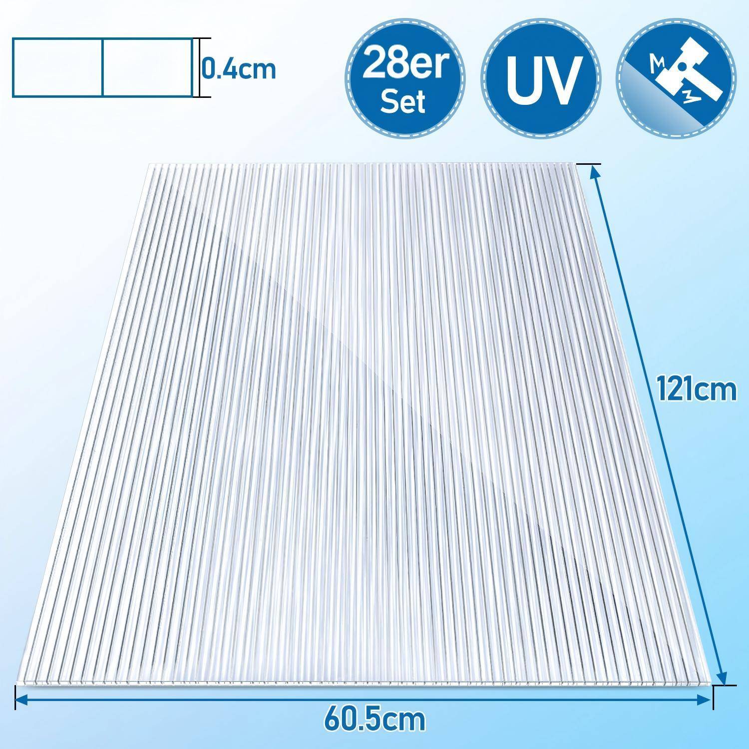 Produktbild eines silbernen gerippten Panels, dargestellt mit Abmessungen von 121 cm x 60,5 cm und 0,4 cm Dicke; gekennzeichnet als '28er Set' und 'UV'.