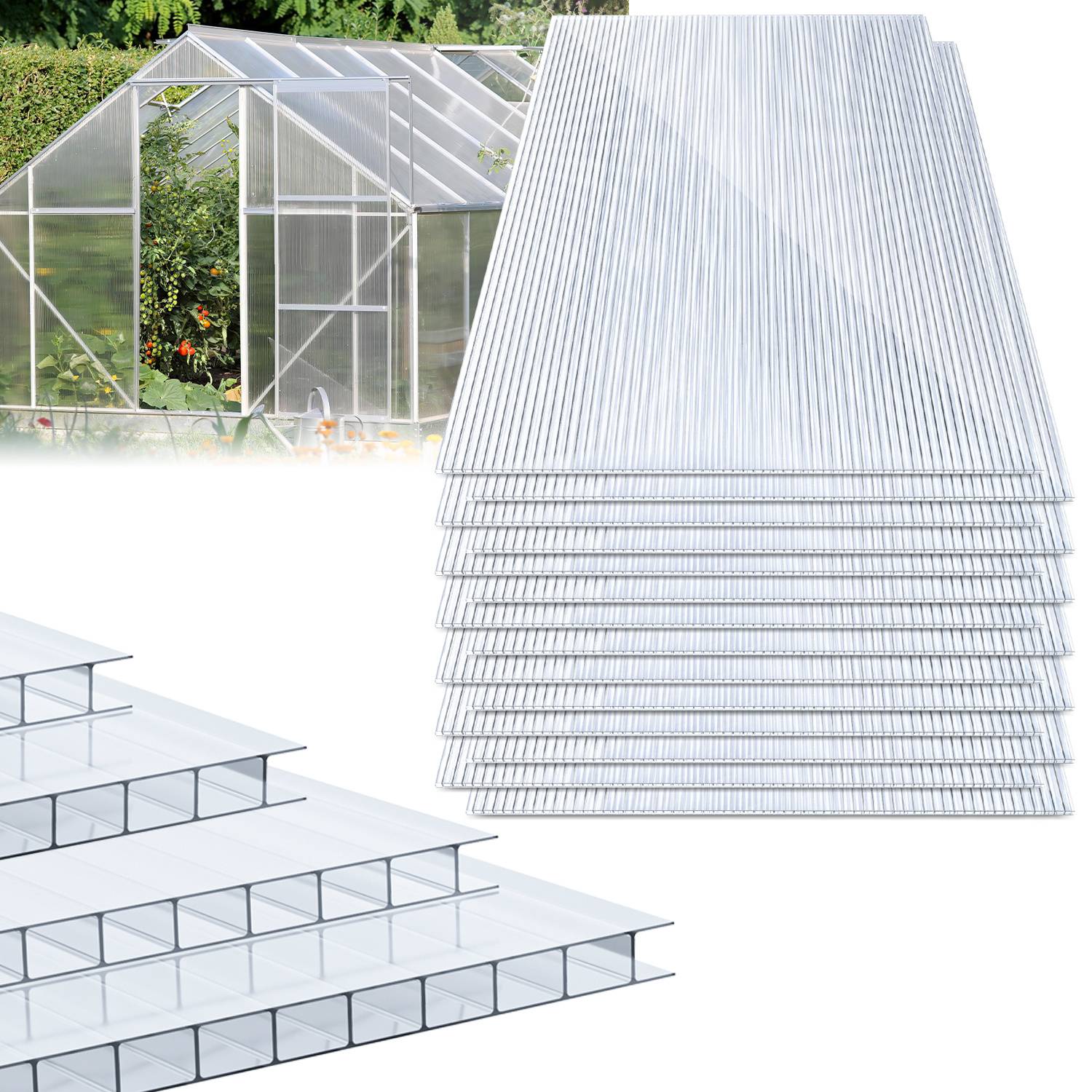 15x Polycarbonat Hohlkammerplatten 8mm Transparent Hohlkammerstegplatten UV-Beständigen Für Gewächshaus Carports