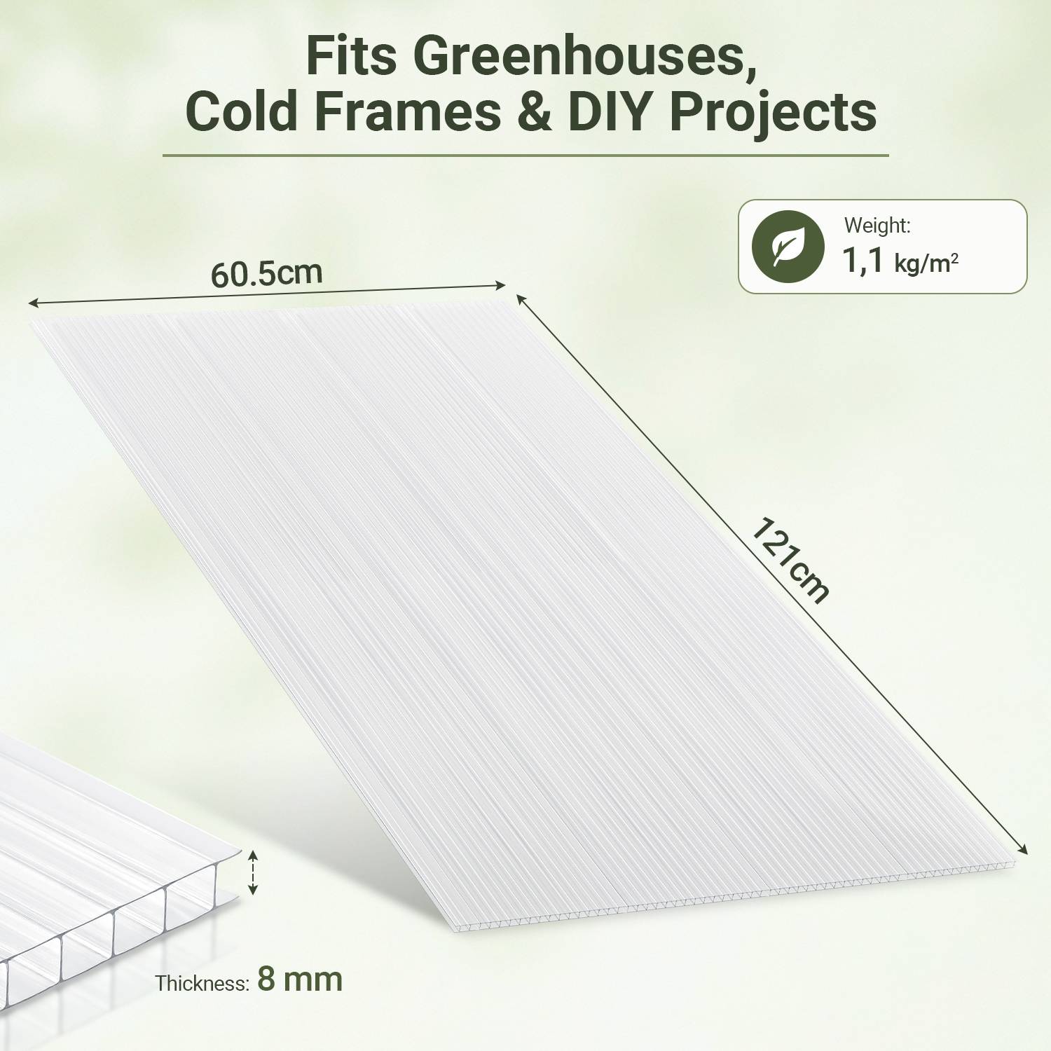 Produktdiagramm einer durchscheinenden gewellten Platte für Gewächshäuser und DIY-Projekte, das die Größe 60,5 cm mal 121 cm, Dicke 8 mm und Gewicht 1,1 kg/m² zeigt.
