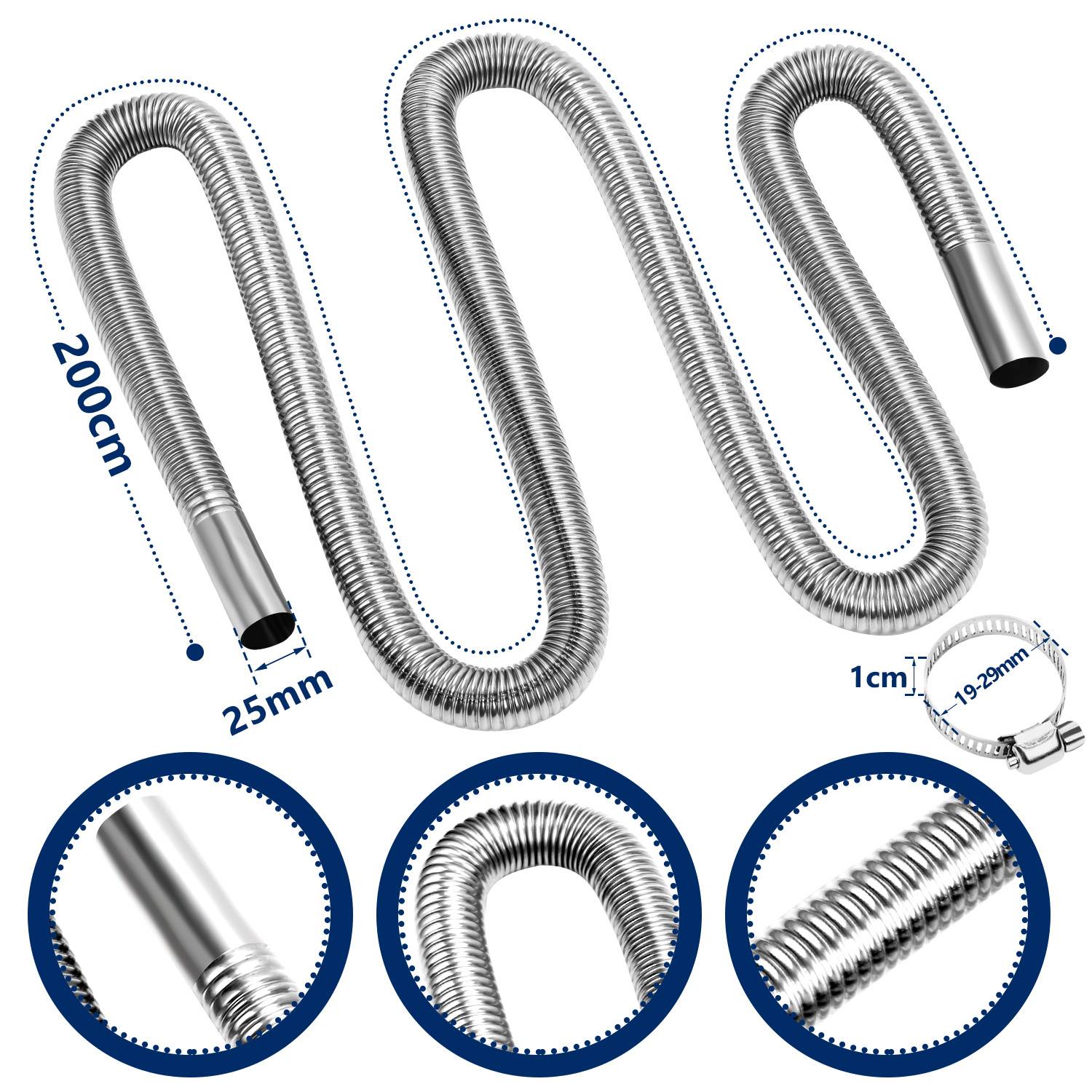 Flexibler gewellter Metallschlauch, 200 cm lang und 25 mm breit, mit vergrößerten Detailaufnahmen der Schlauchenden und der aufgerollten Schlauchdetails.