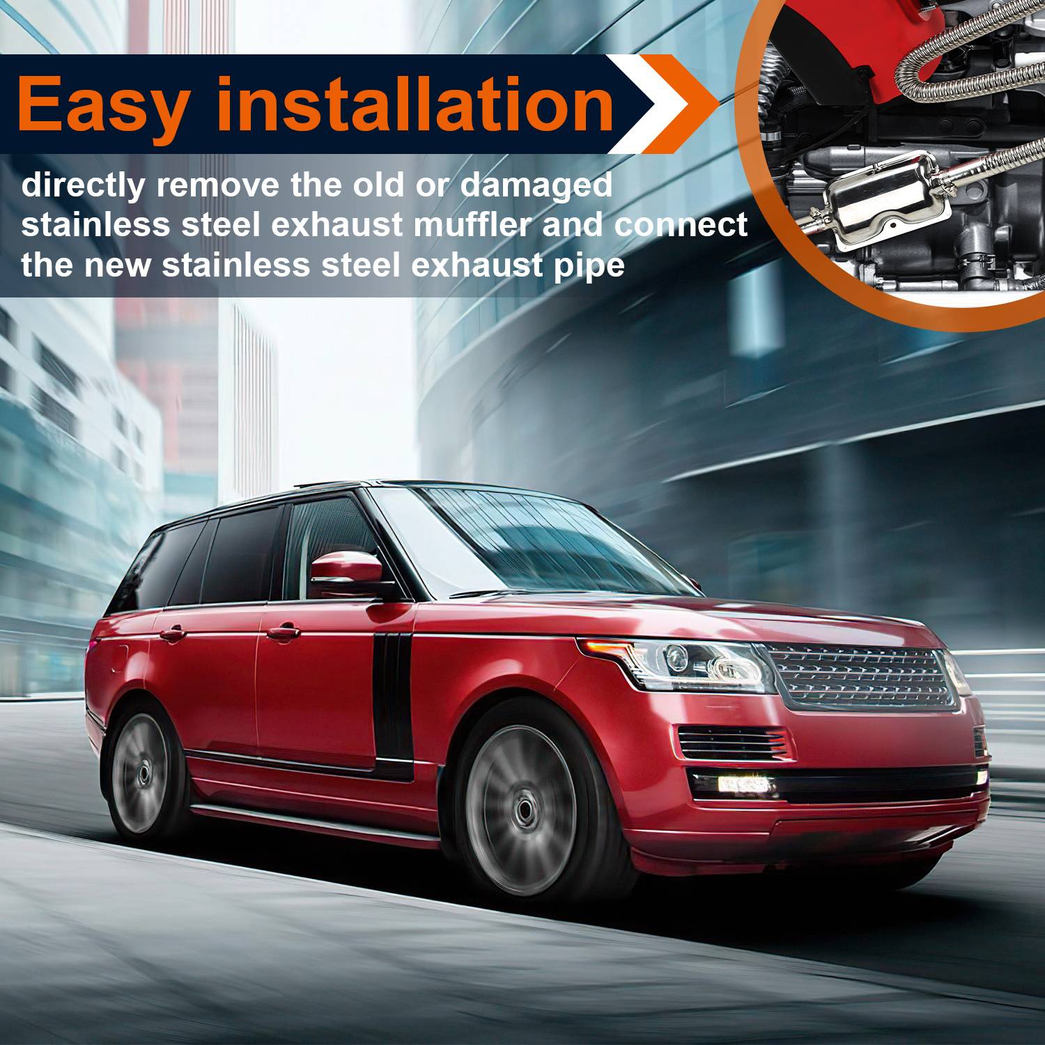 Werbebild eines roten SUVs mit dem Text „Einfache Installation" und Anweisungen zum Austausch eines Edelstahl-Auspufftopfes und zum Anschließen eines neuen Auspuffrohrs.