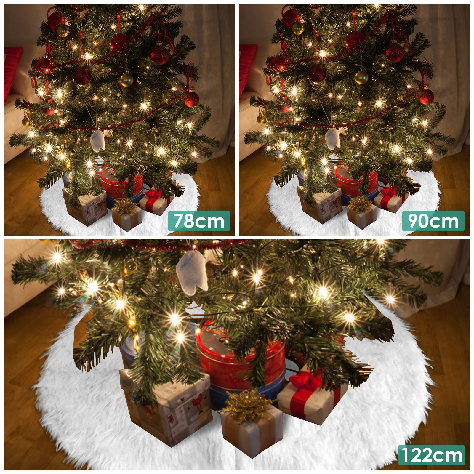 Drei Fotos vergleichen denselben dekorierten Weihnachtsbaum auf einer weißen Baumdecke, mit den Bezeichnungen 78cm, 90cm und 122cm, die verschiedene Größen zeigen.