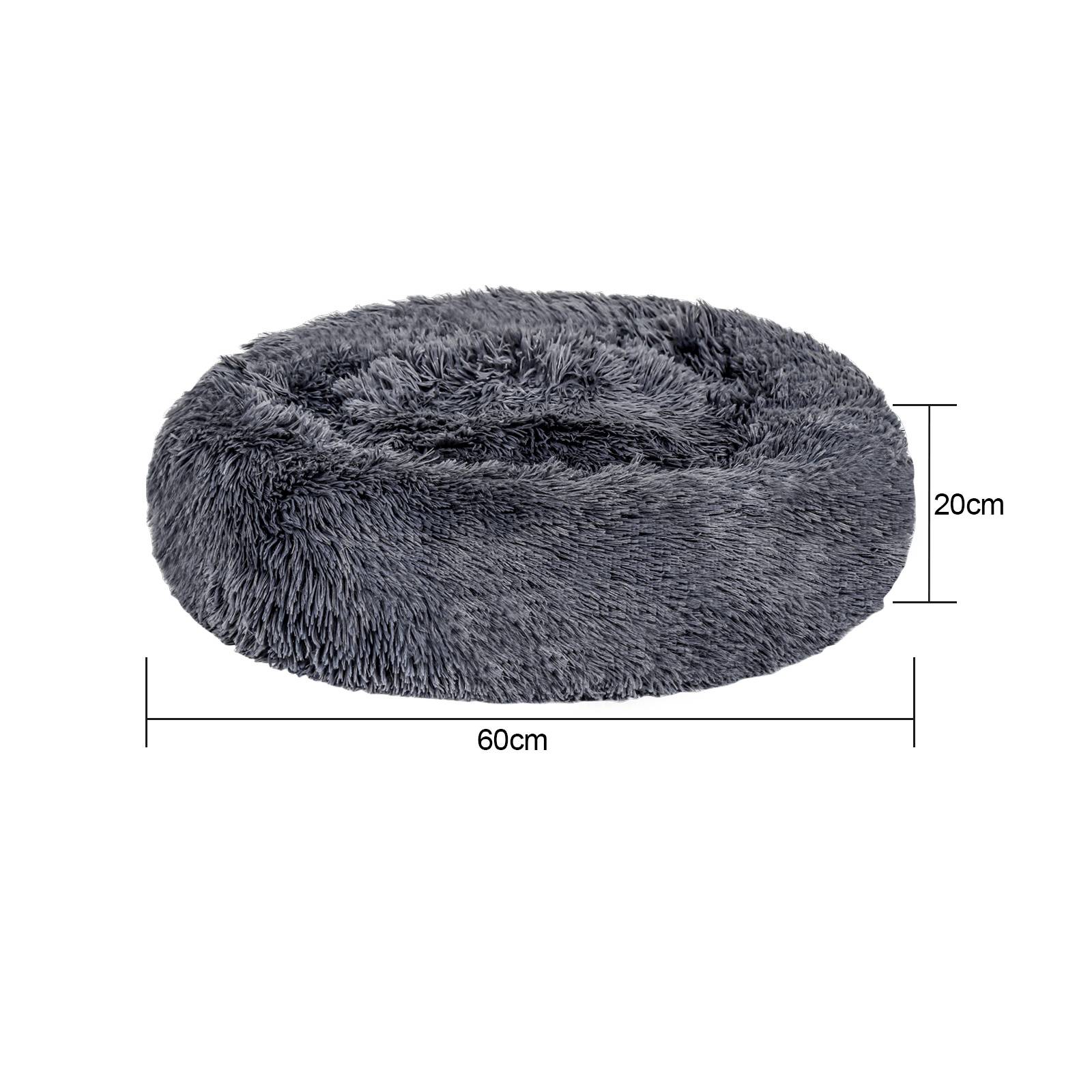 Graudigitales Kunstfell rundes Haustierbett mit beschrifteten Abmessungen von 60 cm Breite und 20 cm Höhe.