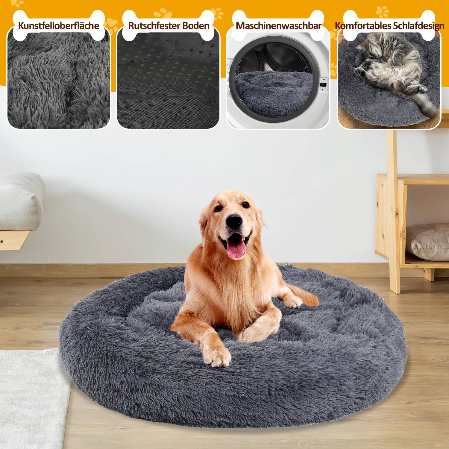 Goldfarbener Retriever auf einem runden, grauen, flauschigen Hundebett in einem Wohnzimmer; Einschublabels besagen „Kunstfelloberfläche", „Rutschfester Boden"", „Maschinenwaschbar"", „Komfortables Schlafdesign"".