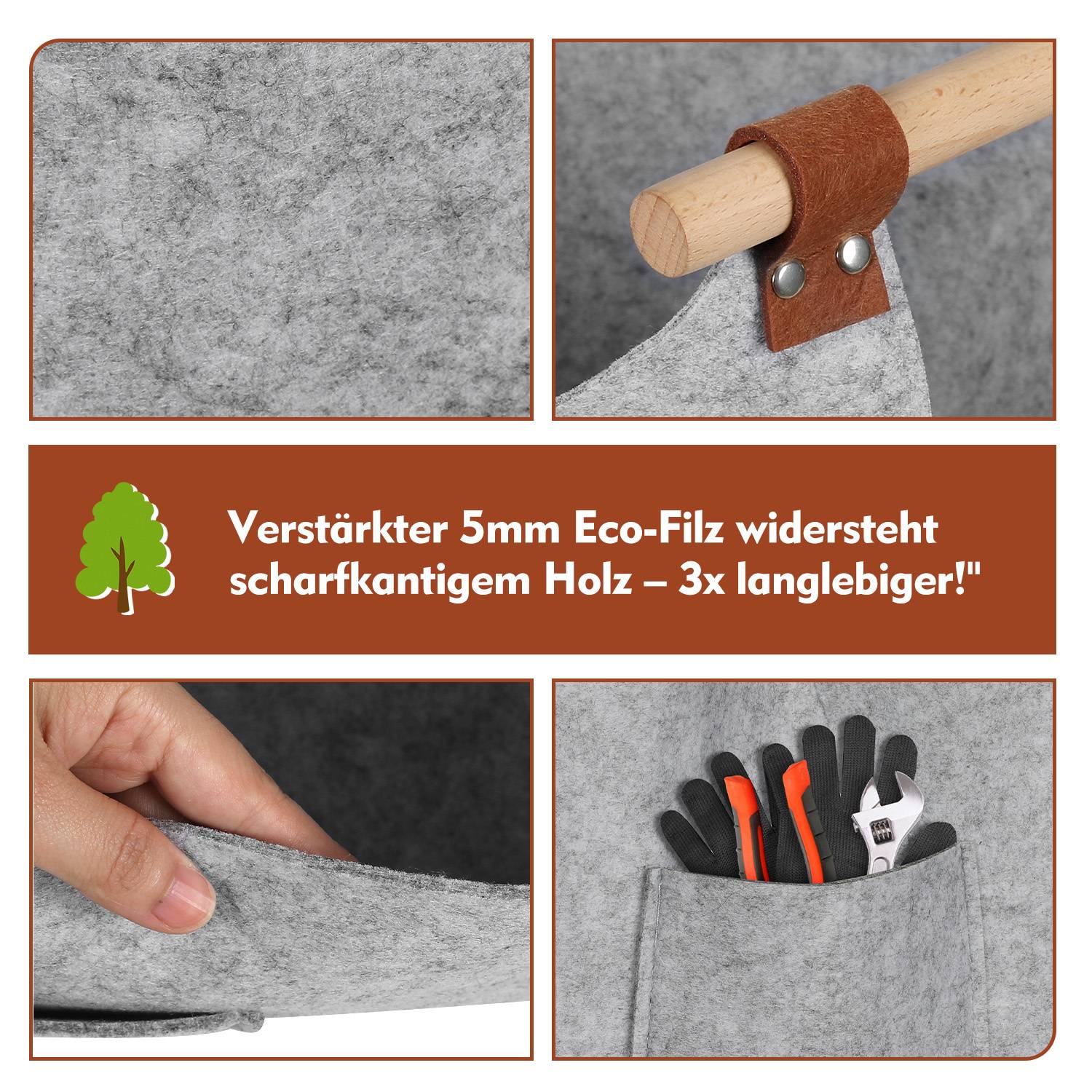 Holzkorb für Kaminholz, großer Filzkorb Hellgrau, 45 x 40 x 32 cm, 3mm stark, bis 30 kg belastbar, faltbar