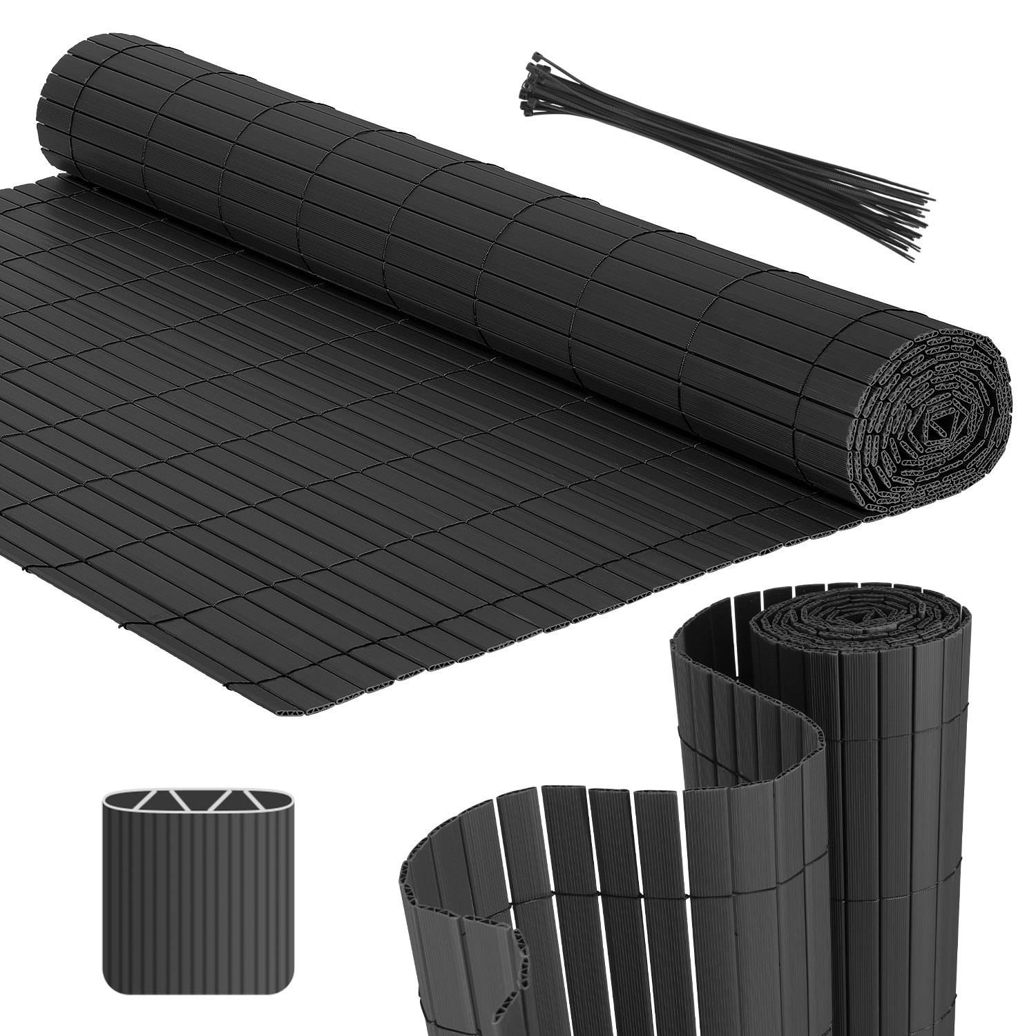 Schwarzes Kunststoff-Gartenzaungeflecht in Rollen und flachen Paneelen mit Kabelbindern, dargestellt als Produktabbildung.