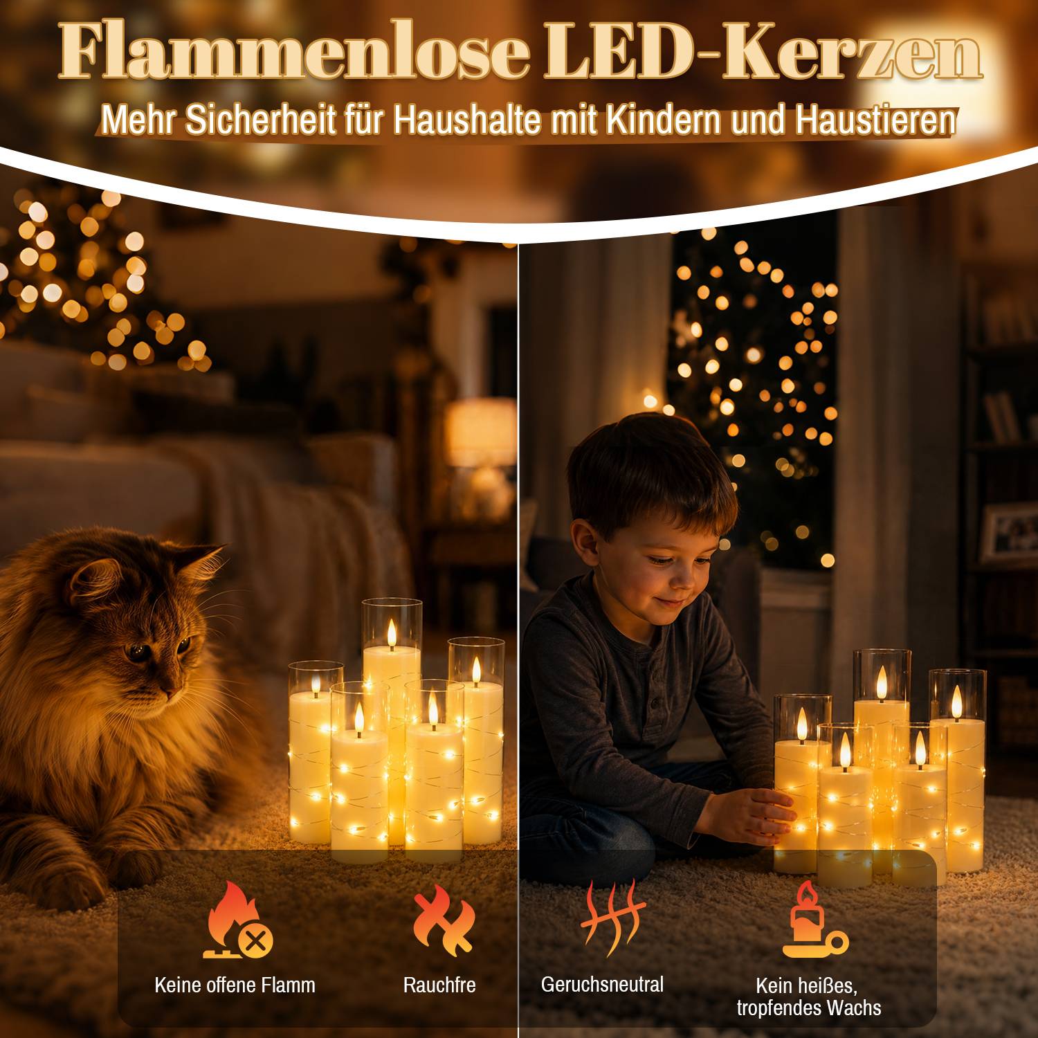 5er-Set LED Kerzen mit Lichterkette und Fernbedienung,flammenlos,warmweiß,mit transparenten Acrylbechern