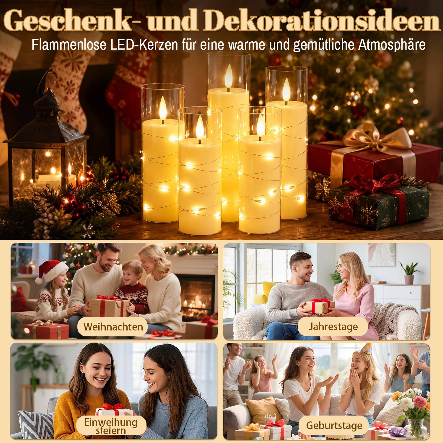 5er-Set LED Kerzen mit Lichterkette und Fernbedienung,flammenlos,warmweiß,mit transparenten Acrylbechern