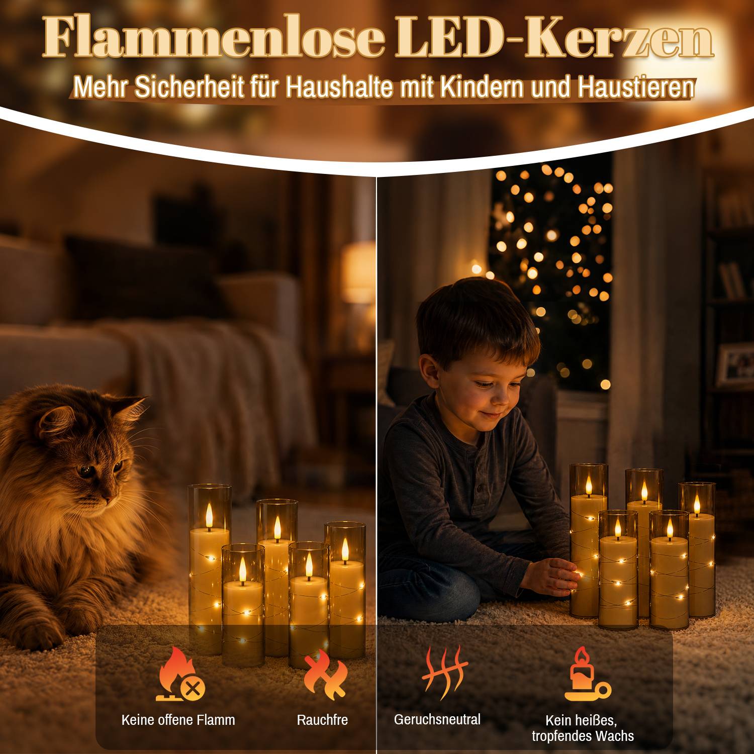 Werbegrafik für flammenlose LED-Kerzen, die ein Kind und eine Katze neben leuchtenden Kerzen zeigt und die sichere Verwendung für Familien ohne offene Flamme, Rauch, Geruch oder Wärme hervorhebt.