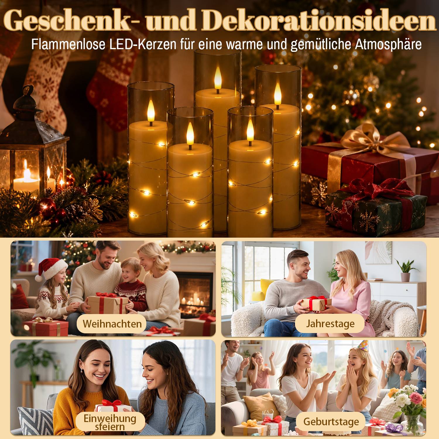 5er-Set LED Kerzen mit Lichterkette und Fernbedienung,flackernd,warmweiß,mit grauen Acrylbechern