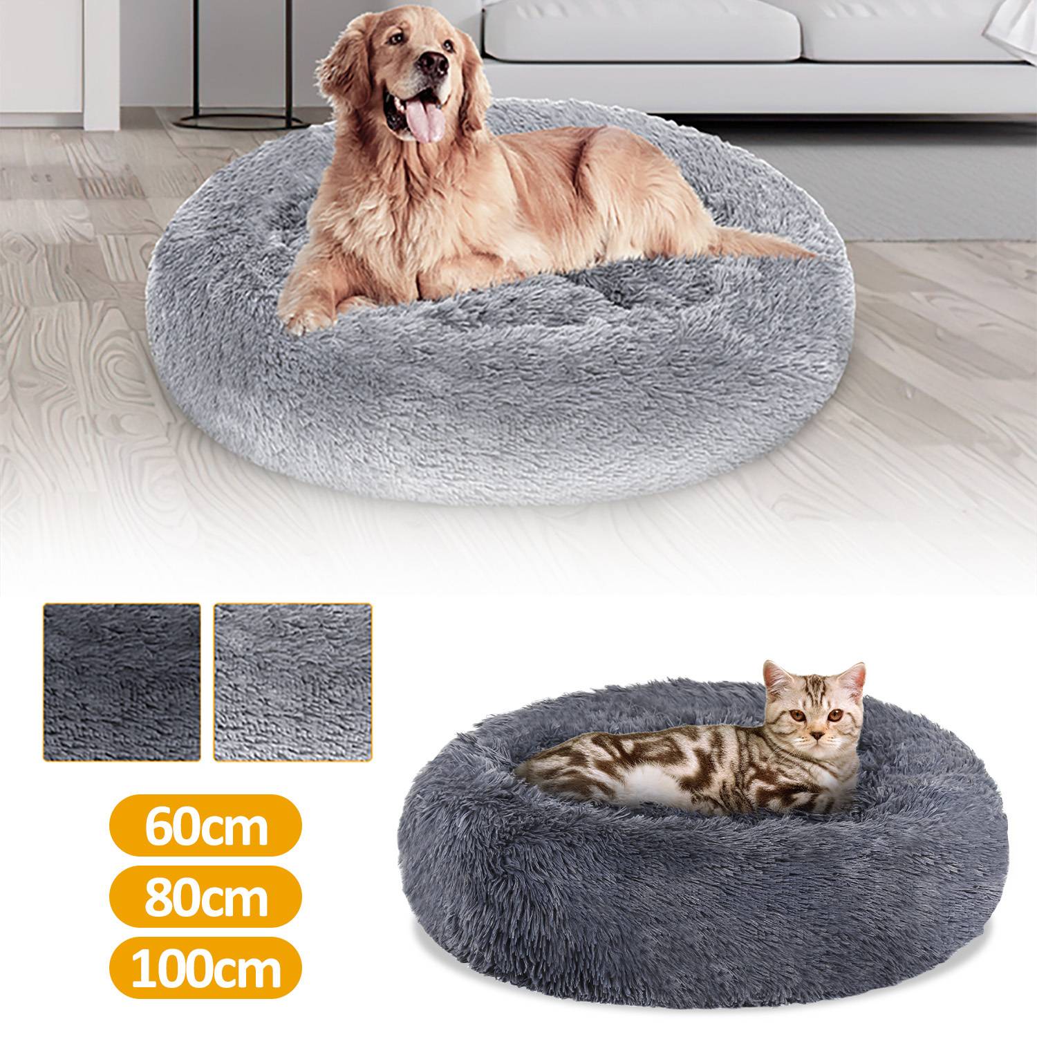 Rundes, weiches Haustierbett, gezeigt mit einem Hund und einer Katze, erhältlich in drei Größen: 60cm, 80cm und 100cm.