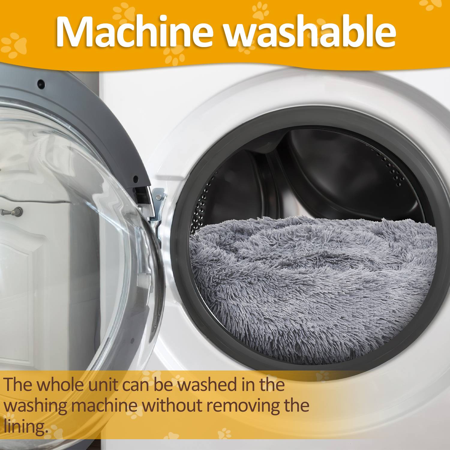 Waschmaschine mit einem weichen grauen Haustierbett im Inneren; der Text sagt „Maschinenwäsche" und vermerkt, dass die ganze Einheit gewaschen werden kann, ohne das Futter zu entfernen.