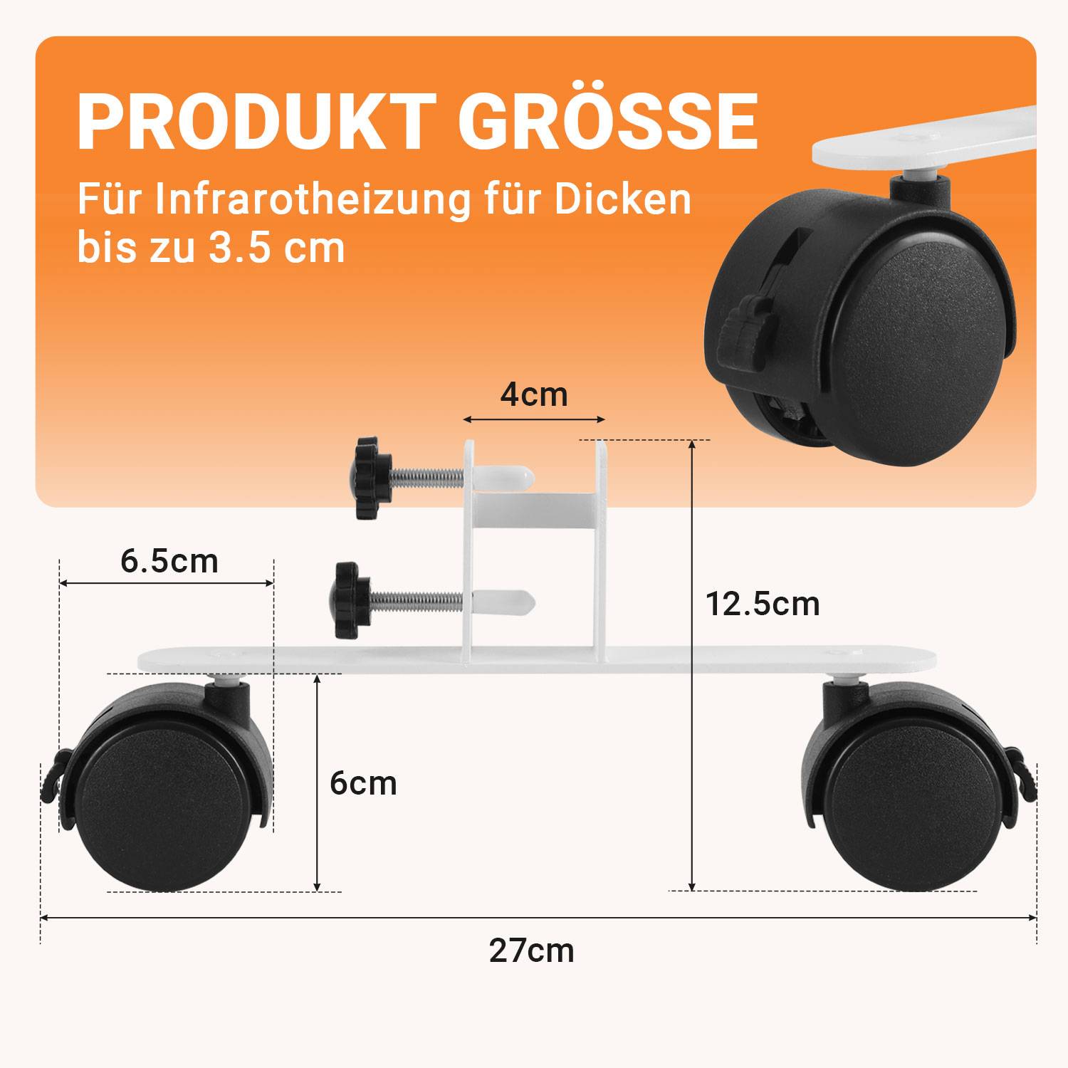 Produktgrößendiagramm für Infrarotheizungs-Wandhalterung: passt für Paneele bis 3,5 cm Dicke; Gesamtgröße 27 cm breit, 12,5 cm hoch, mit 6,5 cm und 6 cm Komponenten, 4 cm Mittelmittenabstand.