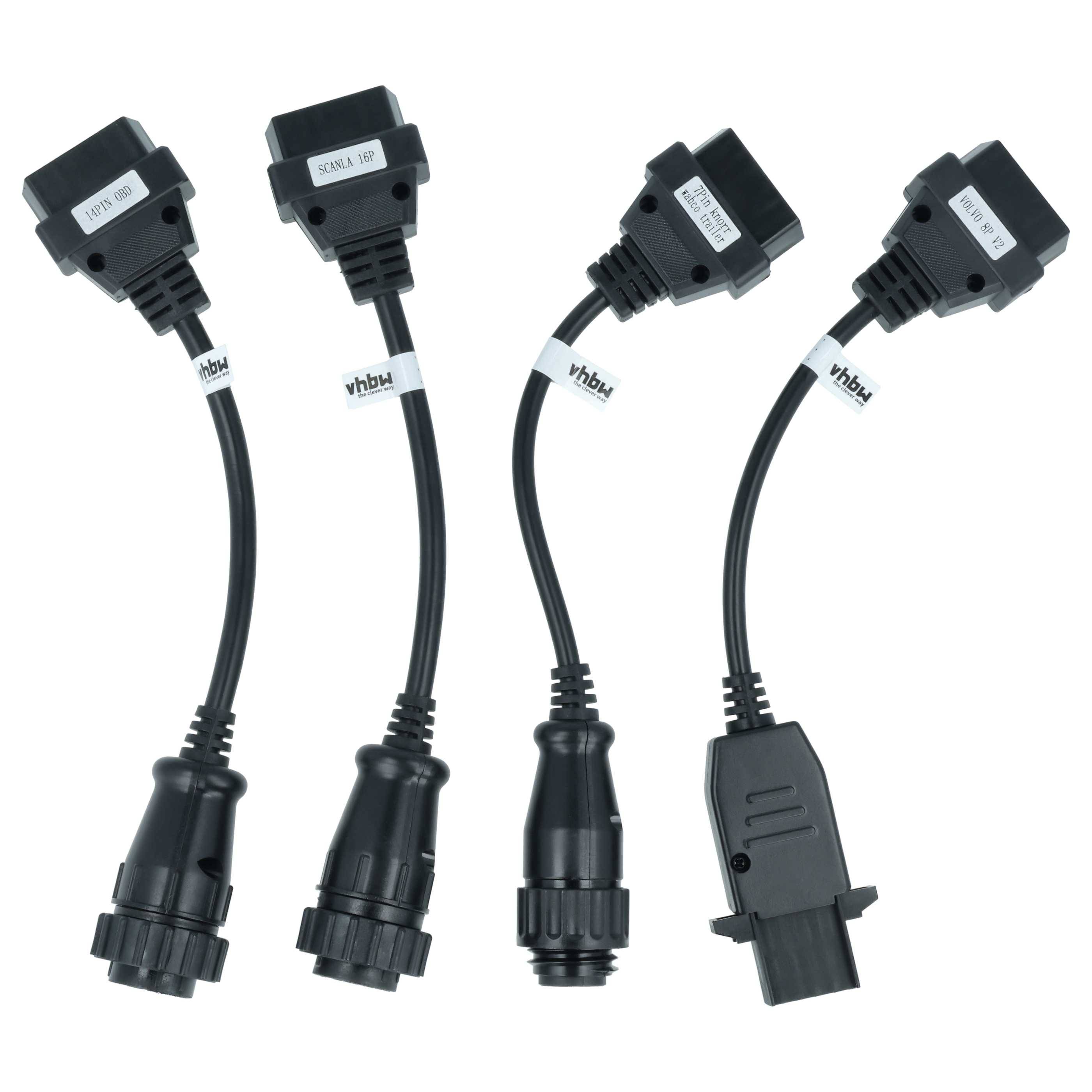 Vier schwarze Adapterkabel mit unterschiedlichen Steckerverbindungen auf weißem Hintergrund.