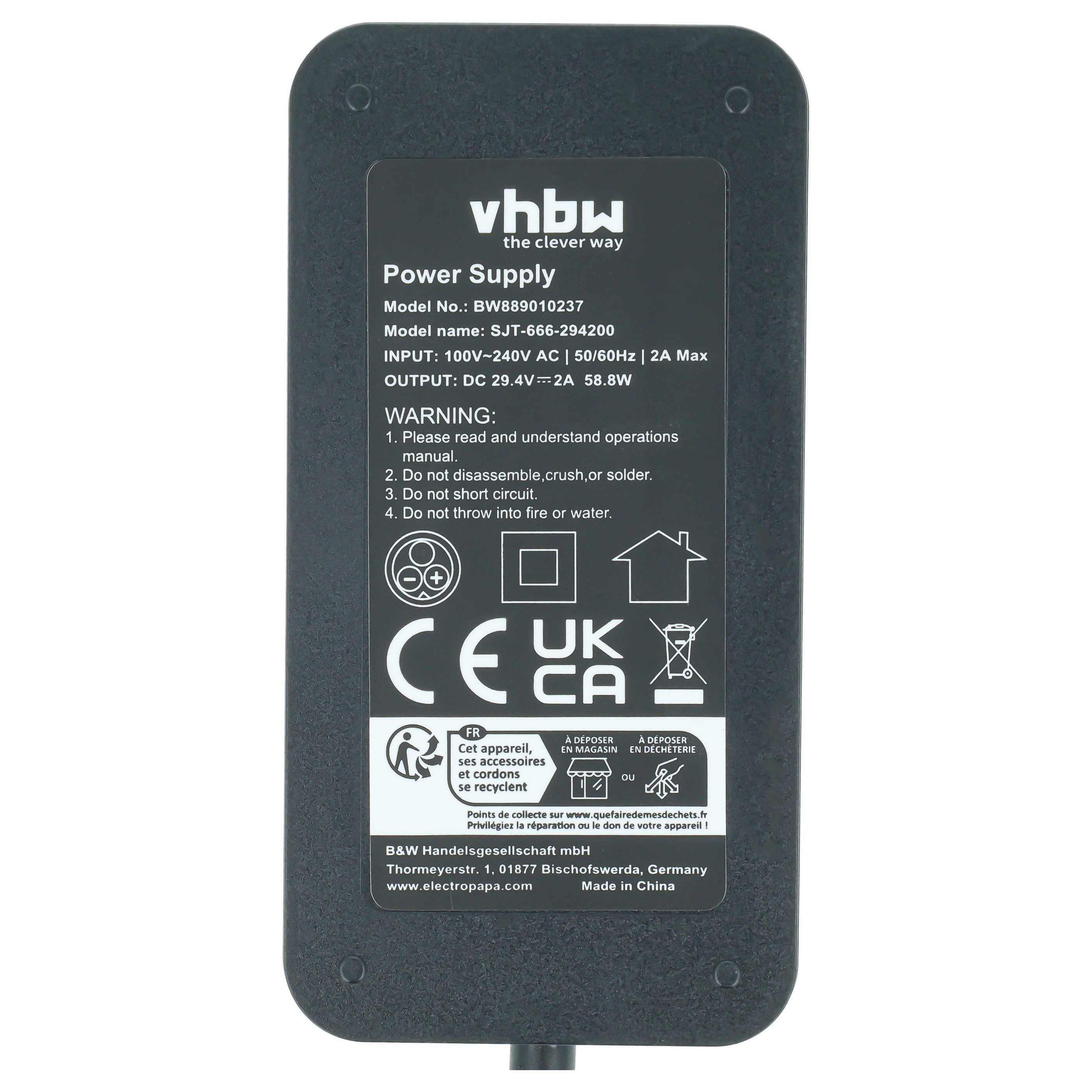 Schwarzes vhbw Netzteiladapter-Etikett mit Modell SJT-666-294200, Eingang 100-240V AC, Ausgang DC 29,4V 2A, 58,8W, mit Sicherheitssymbolen und Warnungen.