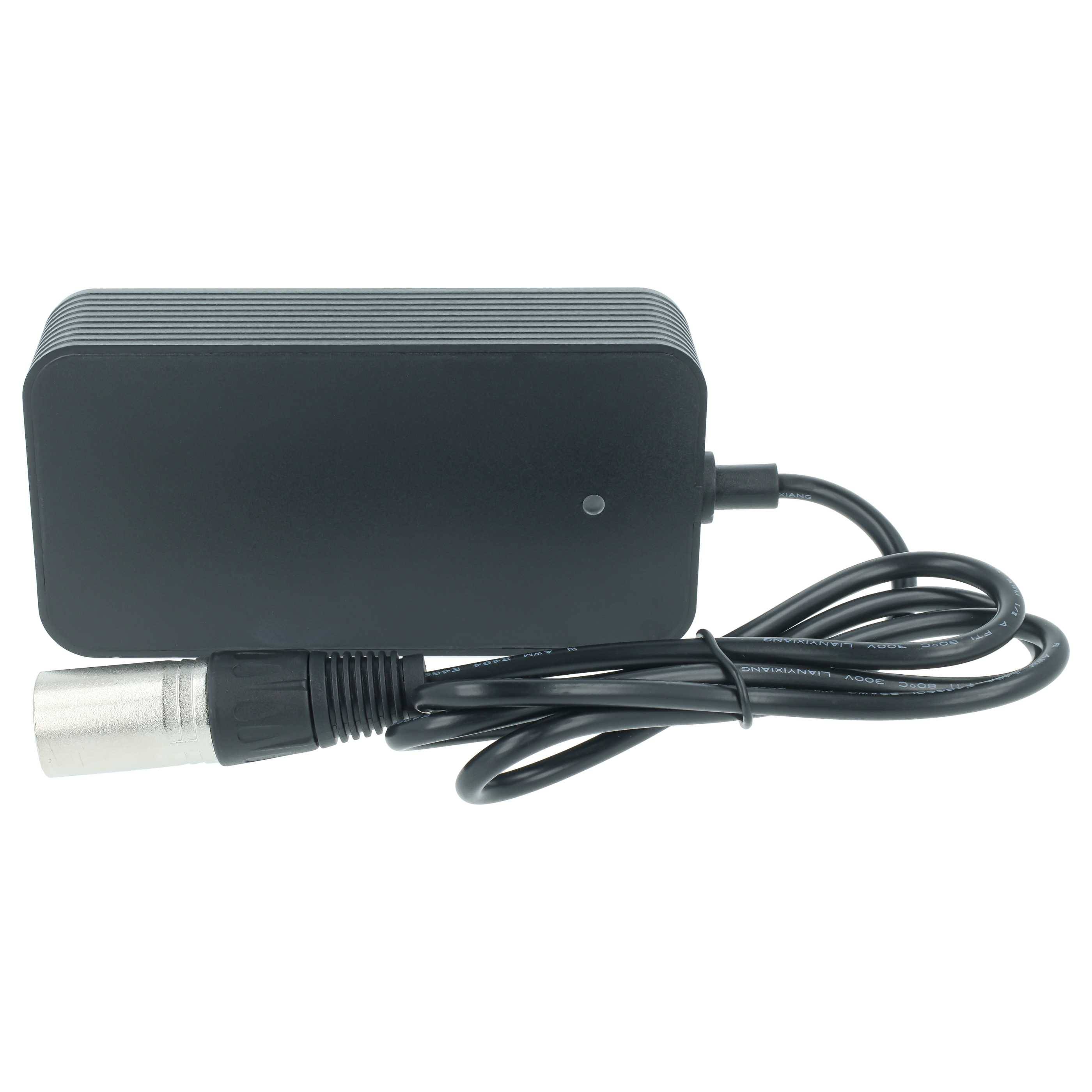 Schwarzer rechteckiger Netzadapter mit angeschlossenem Kabel und rundem Steckerverbinder auf weißem Hintergrund.