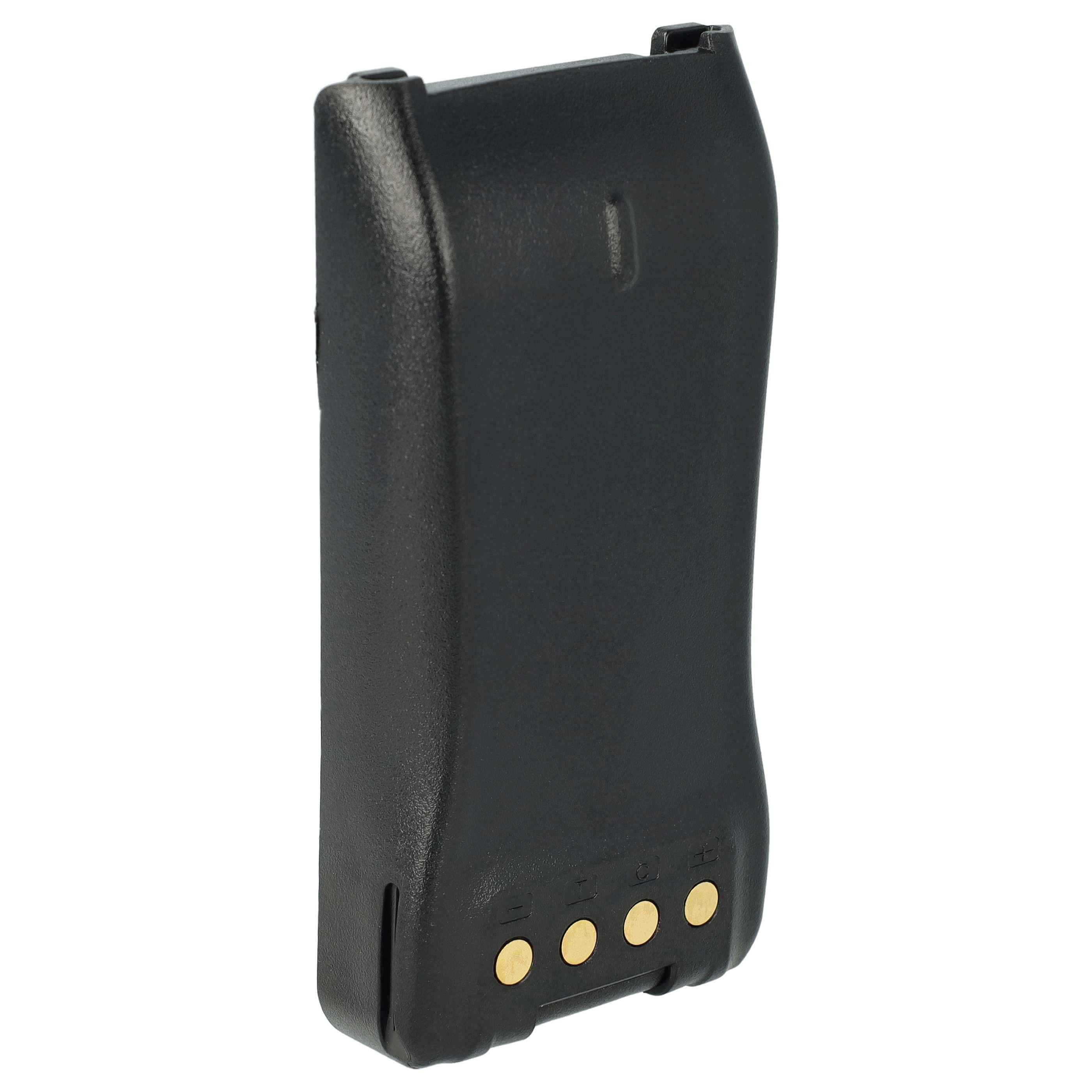 Schwarzes rechteckiges Batteriepaket mit vier goldenen Steckkontakten auf der Unterseite, isoliert auf weißem Hintergrund dargestellt.
