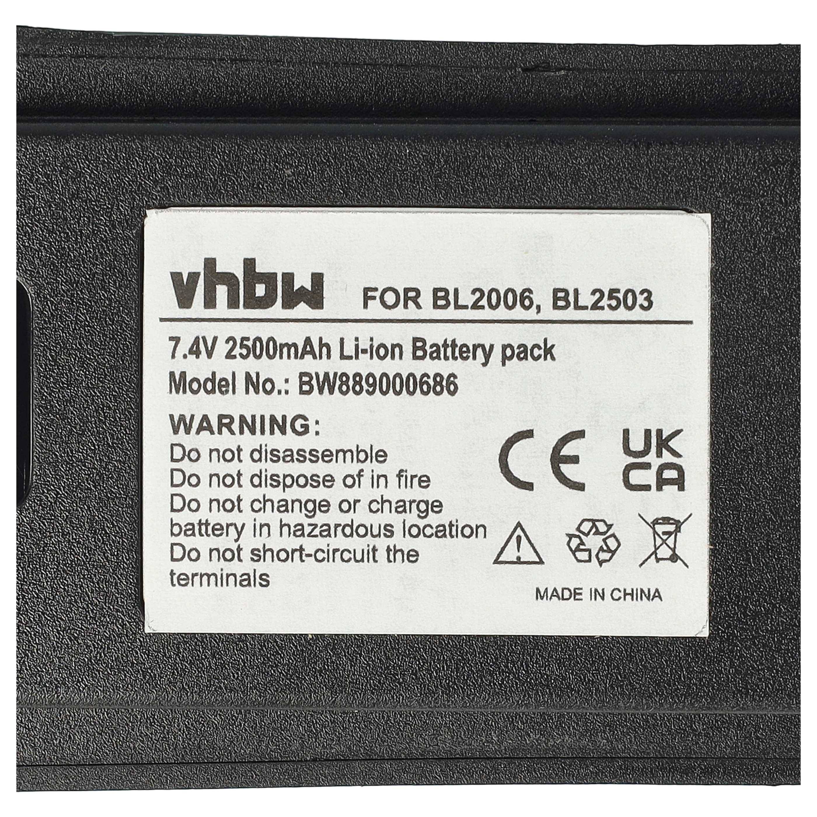 Etikett auf einem Li-Ionen-Akku: ybbw für BL2006, BL2503; 7,4V 2500mAh; Modell BW889000686; Warn- und Sicherheitssymbole, hergestellt in China.