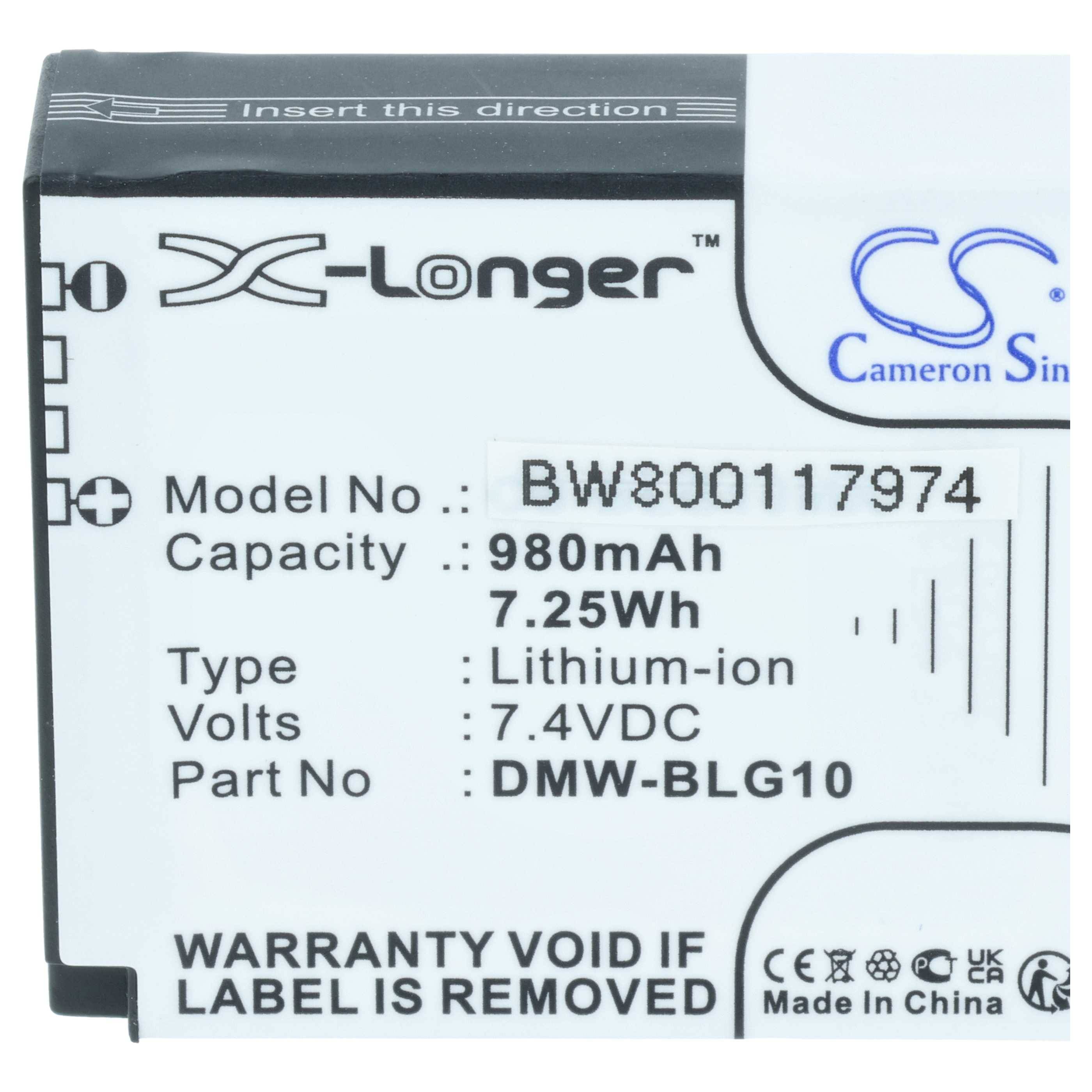 Foto einer Kamerabatterie-Etikette mit X-Longer, Modell BW800117974, 980 mAh 7,25 Wh Lithium-Ionen, 7,4 V DC, Teilenummer DMW-BLG10.