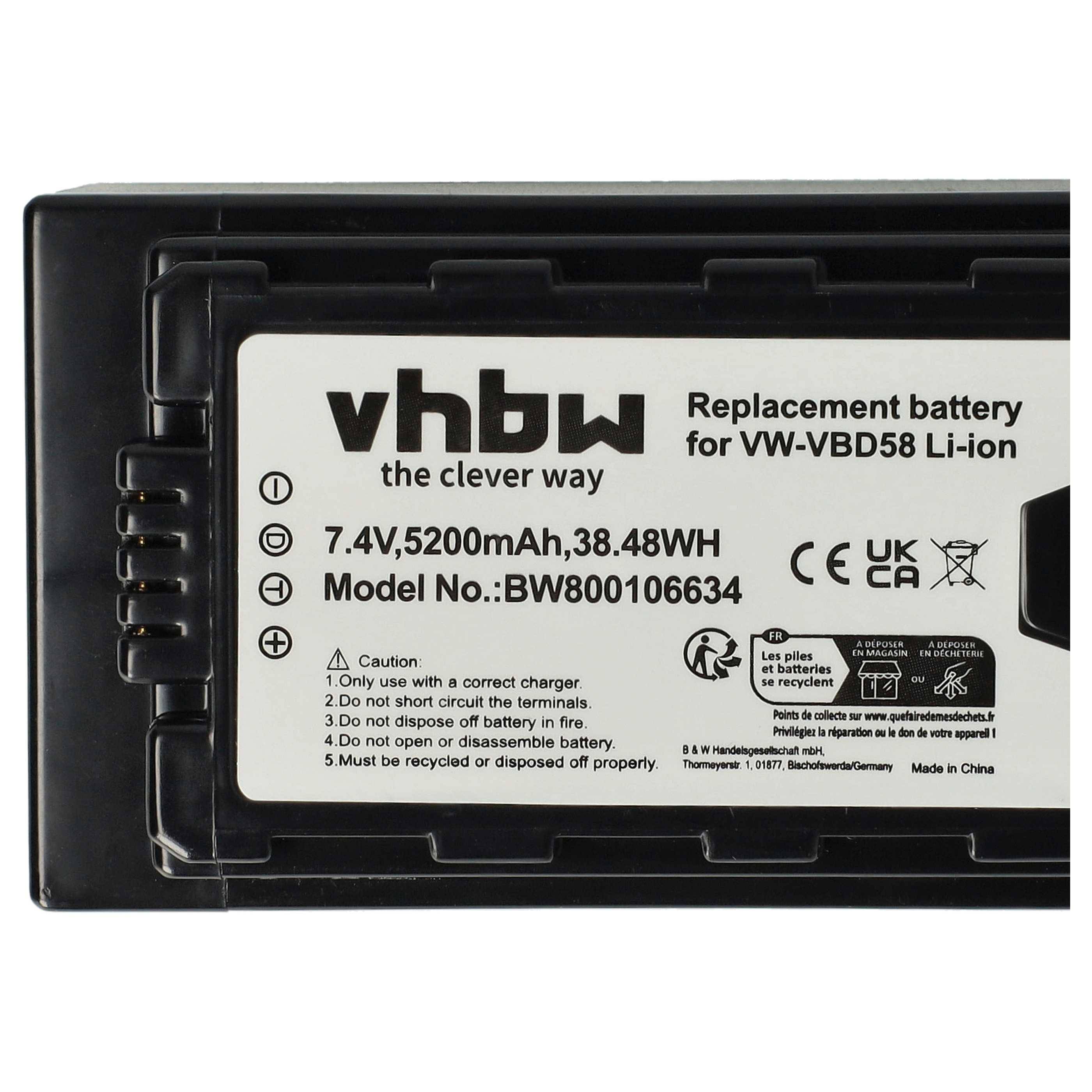 VHBW Ersatz-Li-Ionen-Akku für VW-VBD58, gekennzeichnet mit 7,4V 5200mAh 38,48Wh, Modell BW80106634, mit Sicherheitswarnungen und Zertifizierungszeichen.