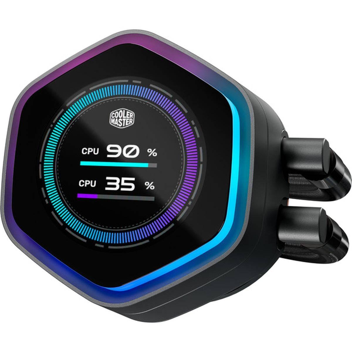 Cooler Master Flüssigkeits-CPU-Kühler-Pumpenblock mit hexagonaler RGB-beleuchteter Anzeige, die CPU 90%-Lesarten und CPU 35%-Messwerte anzeigt, mit auf der rechten Seite angeschlossenen Schläuchen.