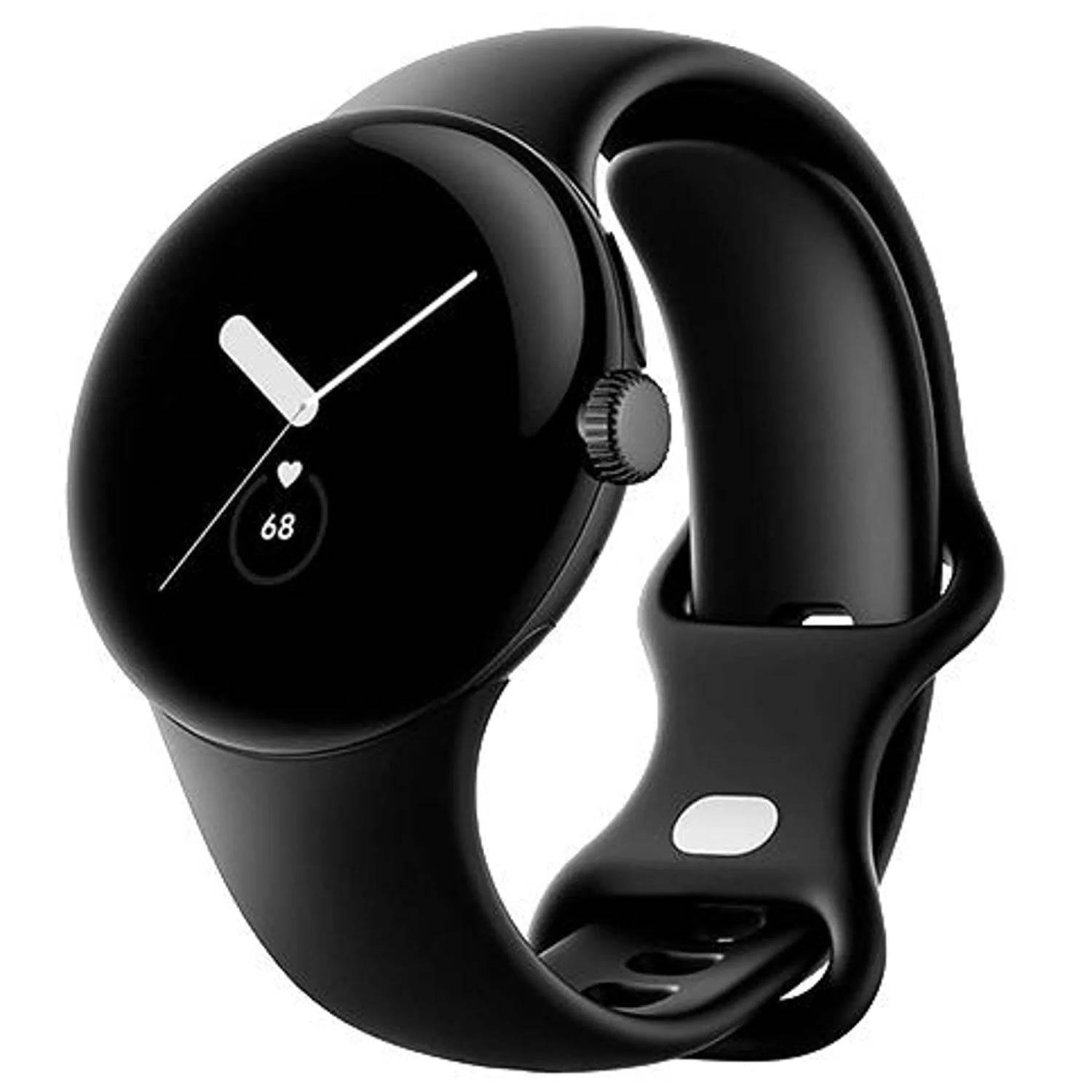 Schwarze runde Smartwatch mit digitaler Herzfrequenzanzeige, die 68 anzeigt, und einem Zifferblatt im Analogstil auf einem schwarzen Armband.