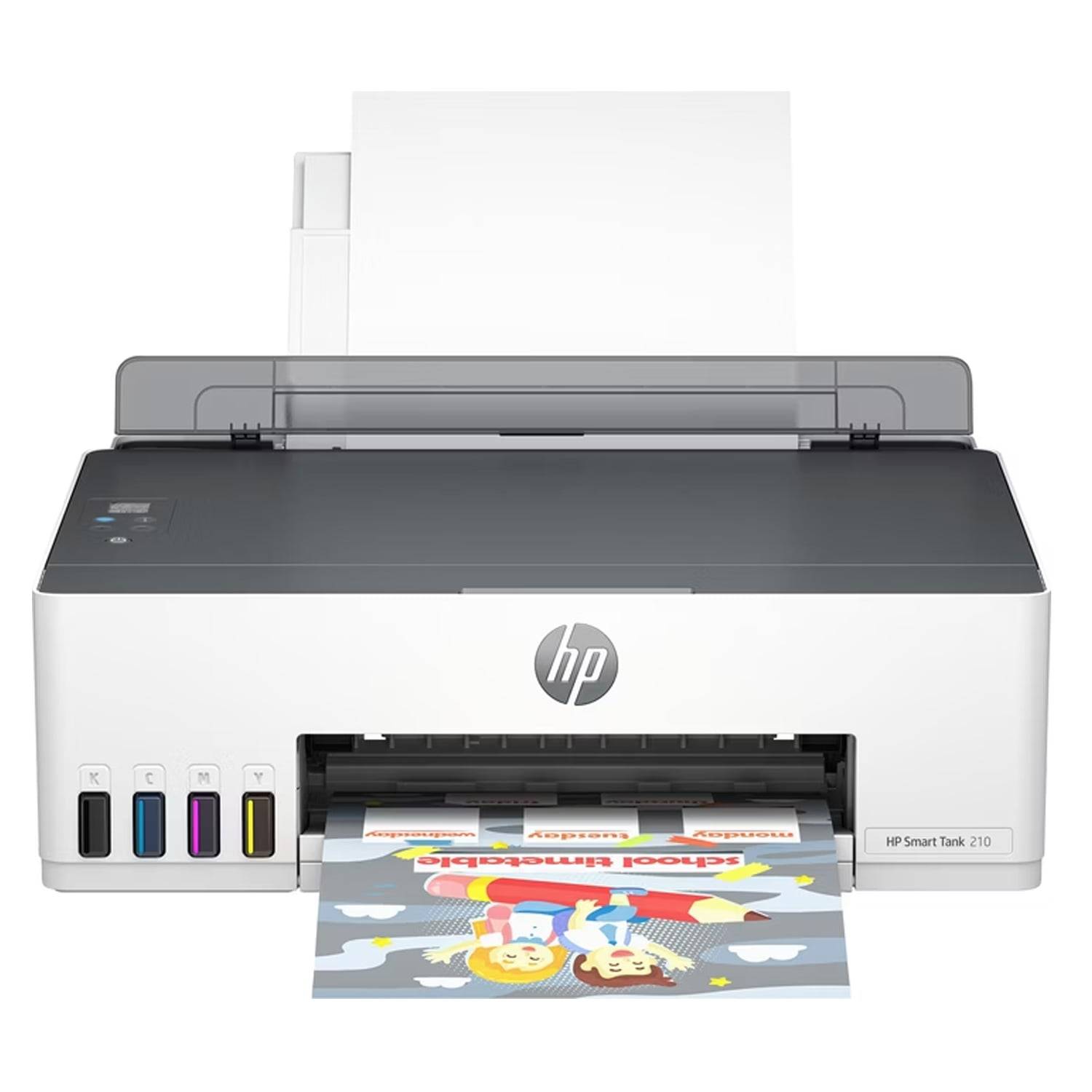 HP Smart Tank 210 Tintenstrahldrucker beim Drucken einer Farbseite, mit sichtbaren nachfüllbaren Tintenreservoirs auf der Vorderseite links und Papier, das in das hintere Fach eingelegt ist.