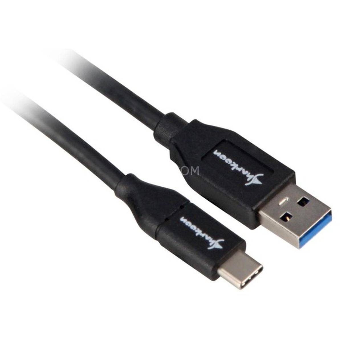 USB-C-auf-USB-A-Kabel mit schwarzen Steckern, gezeigt auf weißem Hintergrund.
