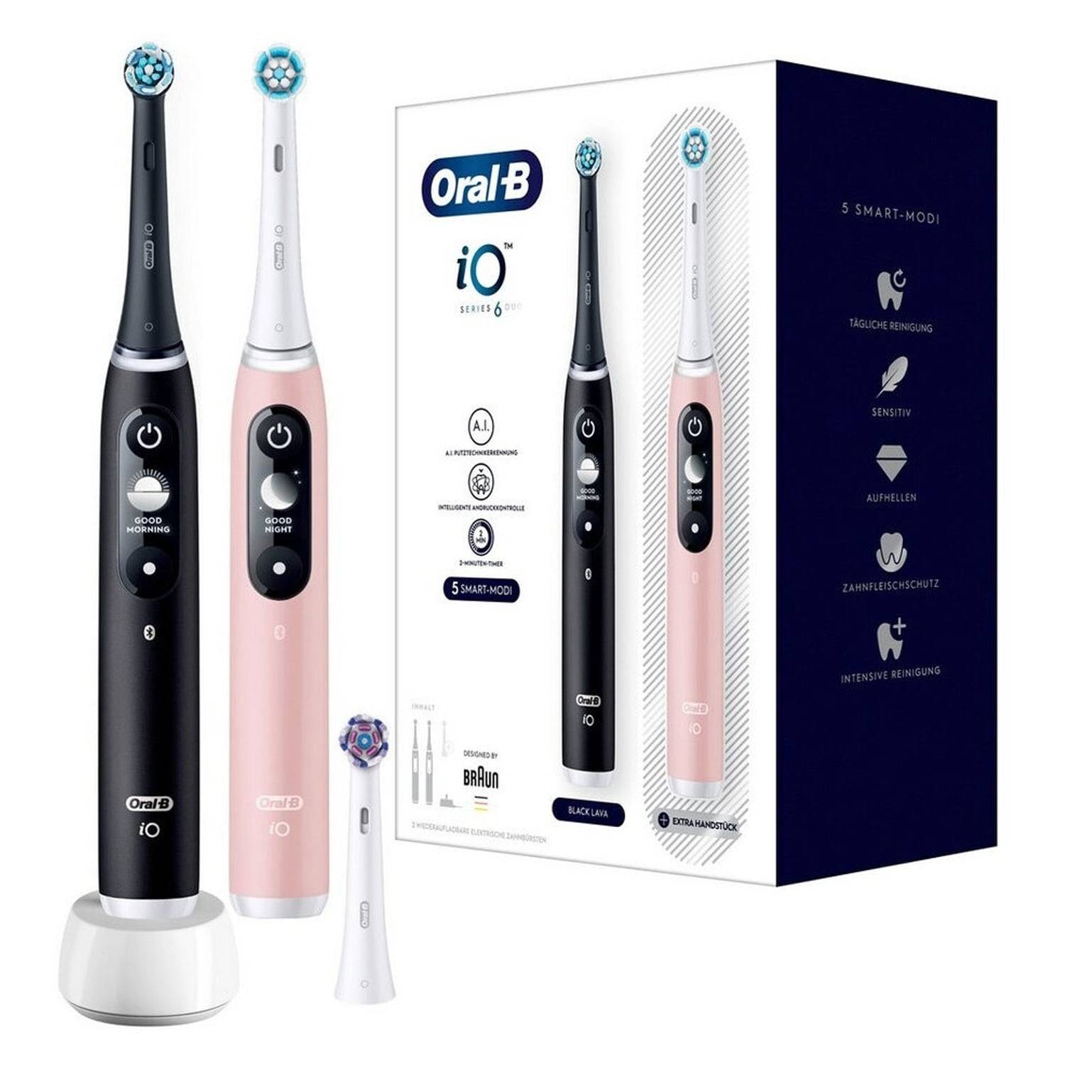 Oral-B iO elektrische Zahnbürste Set mit schwarzem und rosafarbenem Griff, zwei Bürstenköpfen und Ladestation neben Einzelhandelverpackung dargestellt.
