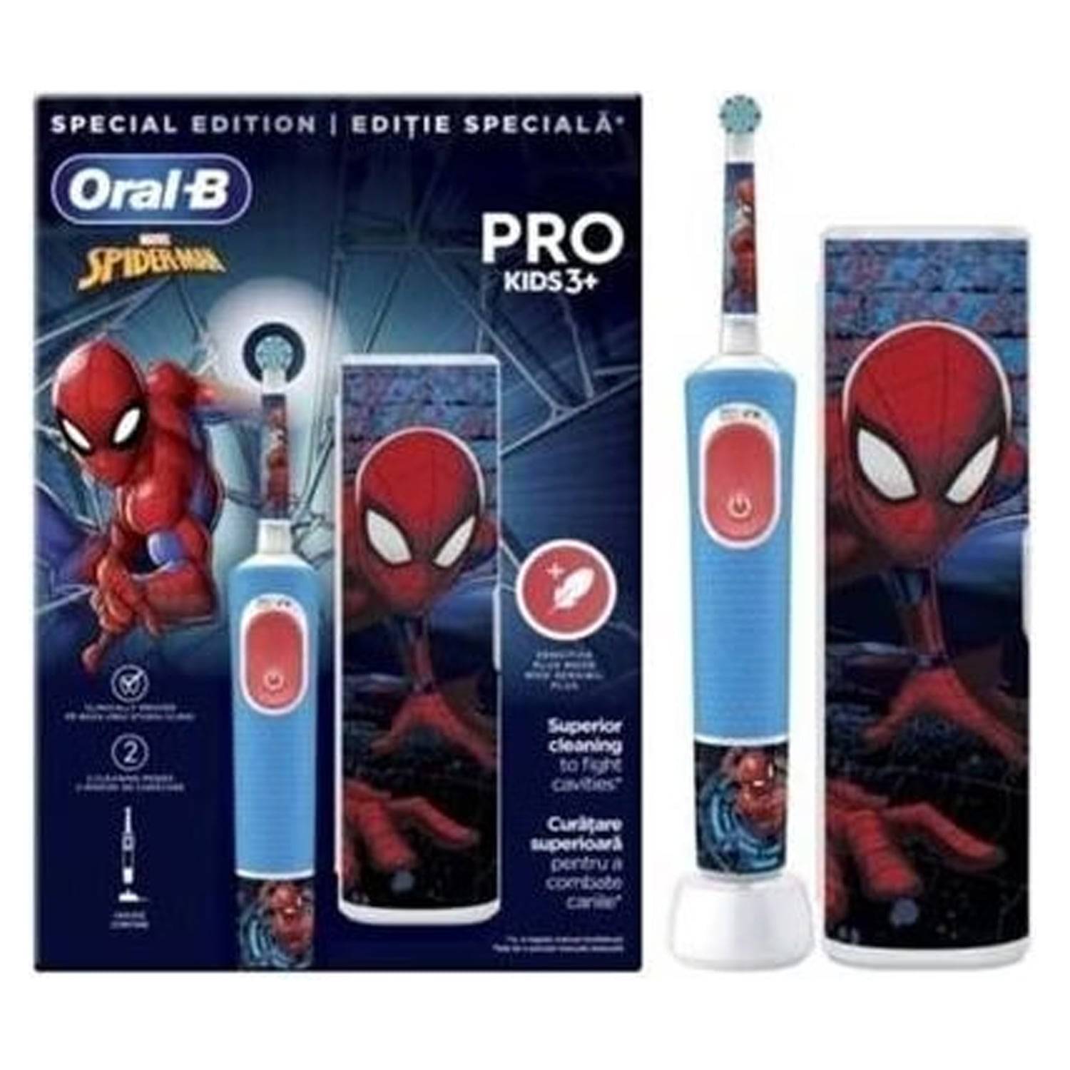 Oral-B Pro Kids 3+ Spider-Man Spezialedition elektrische Zahnbürste mit Ladebasis und thematisch gestalteter Reiseetui/Schutzhülle.