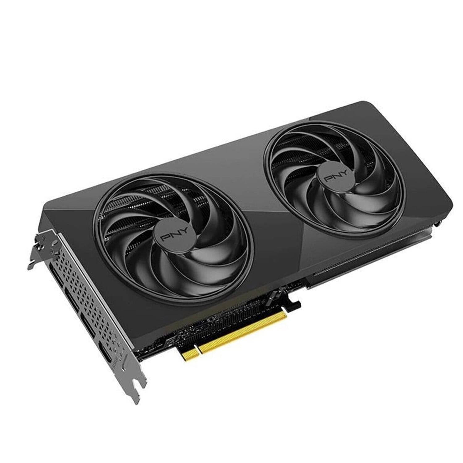 Grafikkarte mit Dual-Fan von PNY auf weißem Hintergrund, in Schrägansicht mit sichtbarem PCIe-Anschluss und Metallhalterung.