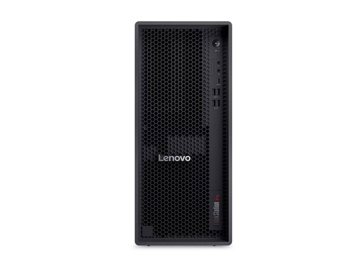 Vorderansicht eines Lenovo ThinkCentre Desktop-Towers mit einem schwarzen perforiertem Gitterblech-Frontpanel und nach vorne gerichteten Anschlüssen auf der rechten Seite.
