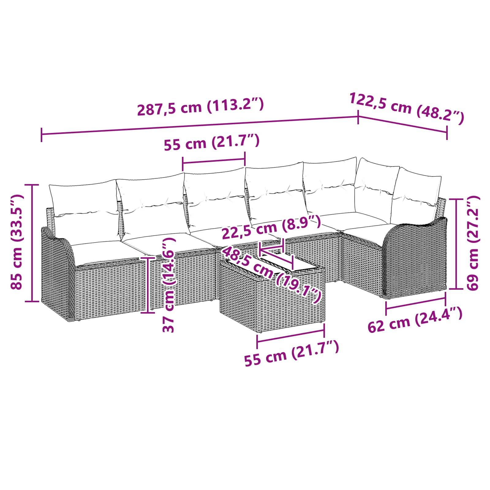 Modulares Outdoor-Sofa mit Ottomane, dargestellt mit Maßstabbezeichnungen in cm und Zoll für die Gesamtgröße und Sitzmaße.