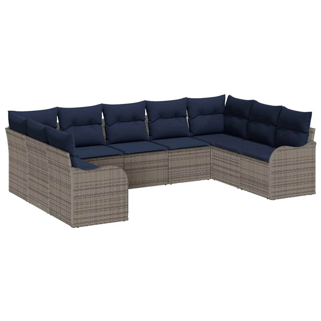 L-förmiges Outdoor-Sitzsystem mit gewebtem beigefarbenem Rahmen und dunkelmarineblauem Polster auf weißem Hintergrund.