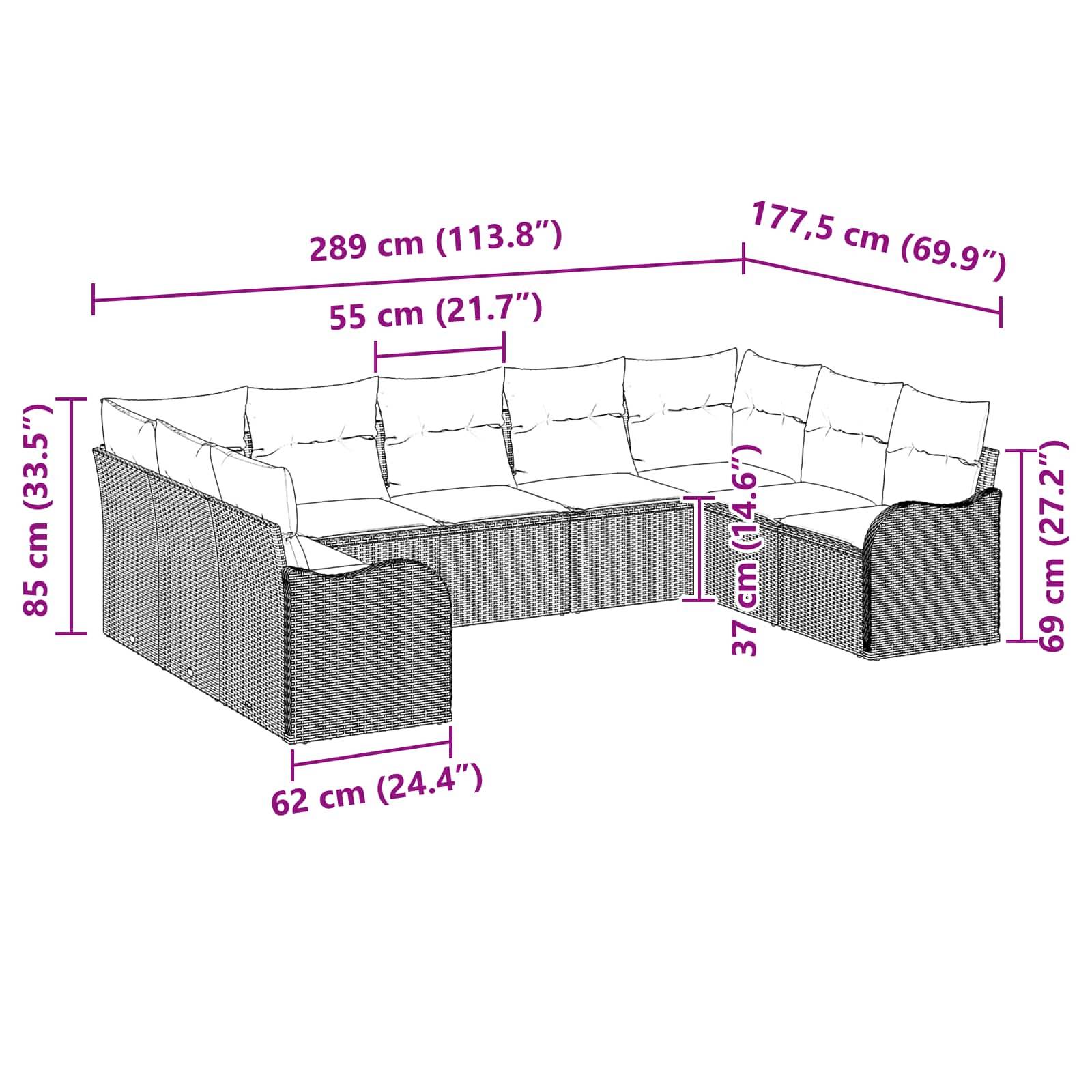 Maßstabgetreue Diagramm eines L-förmigen Outdoor-Sitzmöbels mit Gesamtabmessungen von 289 cm x 177,5 cm, einschließlich Mess- und Rückenlehnenhöhe.