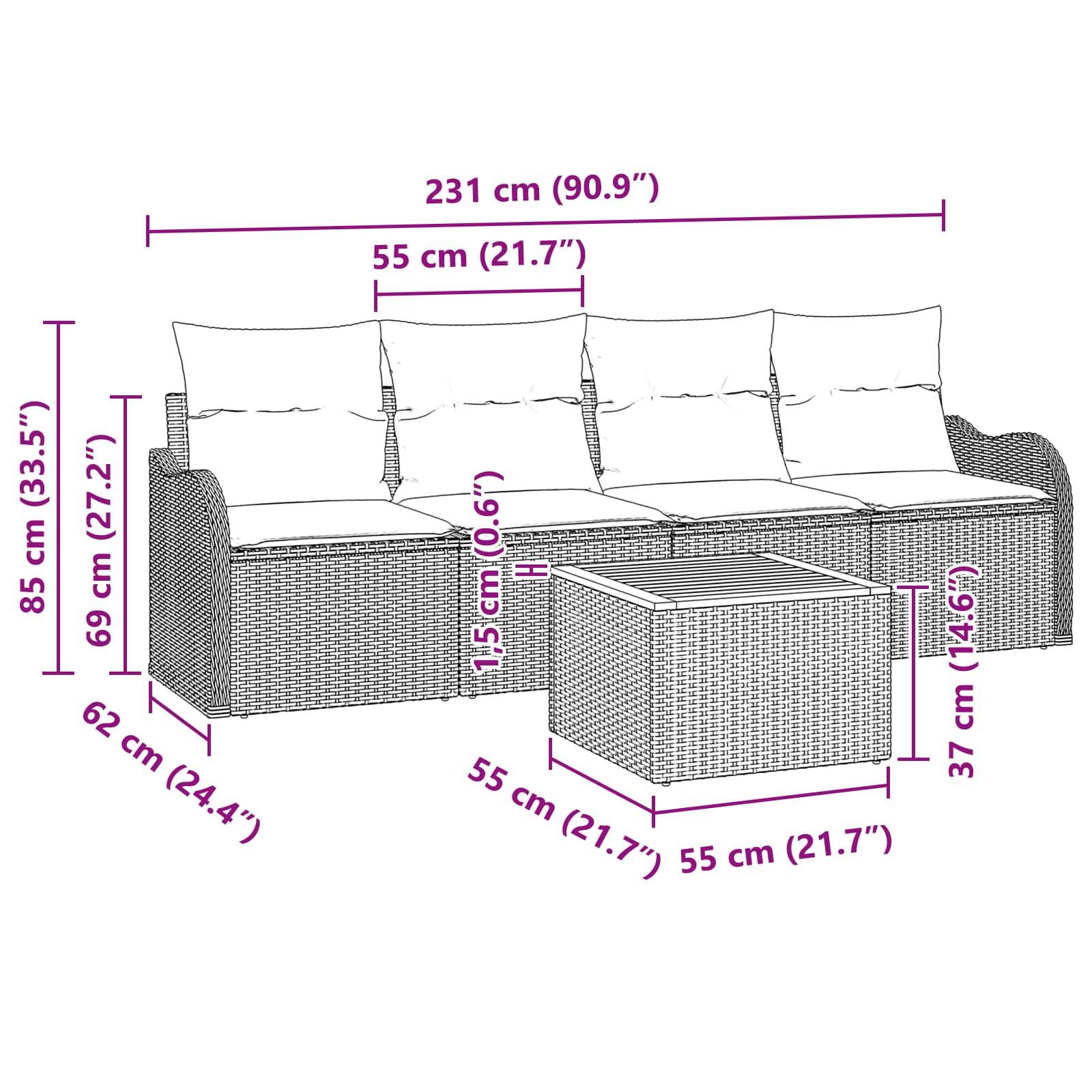 Maßstabzeichnung eines Rattan-Ecksofa und passendem Hocker mit Gesamtbreite 231 cm, Tiefe 62 cm, Sitzhöhe 69 cm und Hocker 55 x 55 cm.