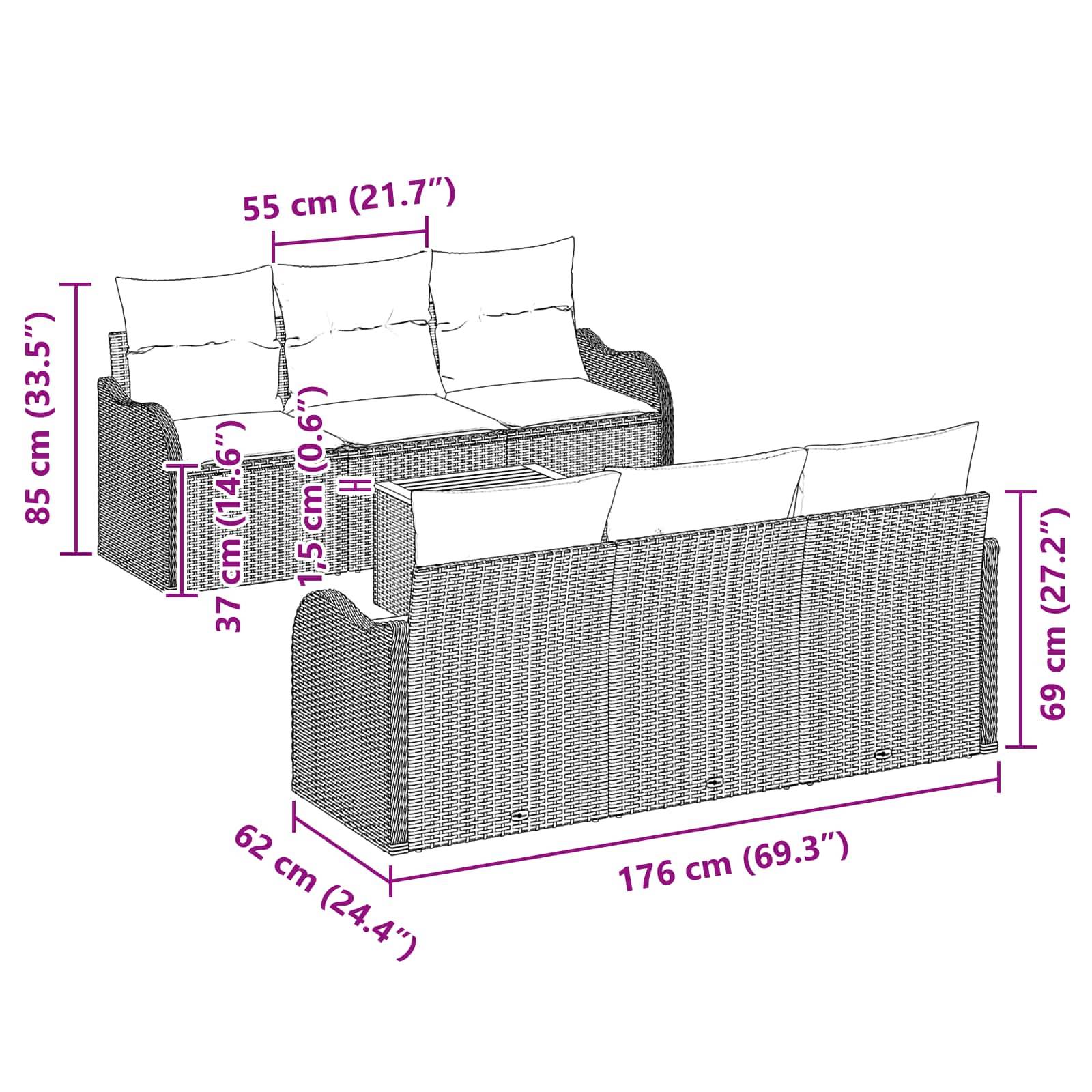 Diagramm eines Polyrattan-Außensofas mit Kissen, mit folgenden Abmessungen: Sofa 176 cm breit, 69 cm hoch, 62 cm tief; Sessel 85 cm hoch mit 55 cm Sitzbreite und 37 cm Sitzhöhe.