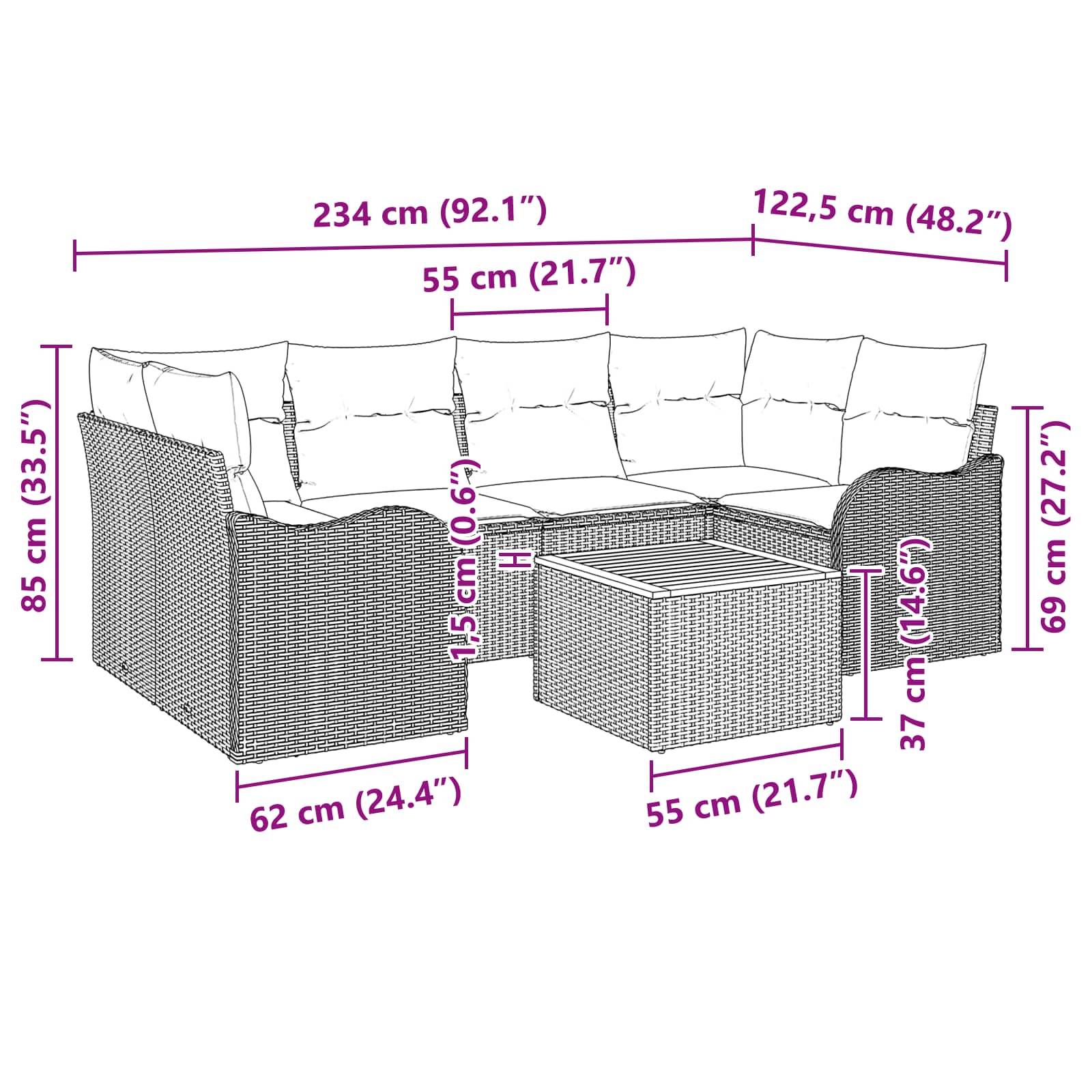 Diagramm eines Outdoor-Ecksofa mit Tisch mit Angabe der Abmessungen: 234 cm Gesamtbreite, 85 cm Höhe, 62 cm Tiefe links, 122,5 cm Tiefe rechts, 69 cm Rückenhöhe und 37 cm Tischhöhe.
