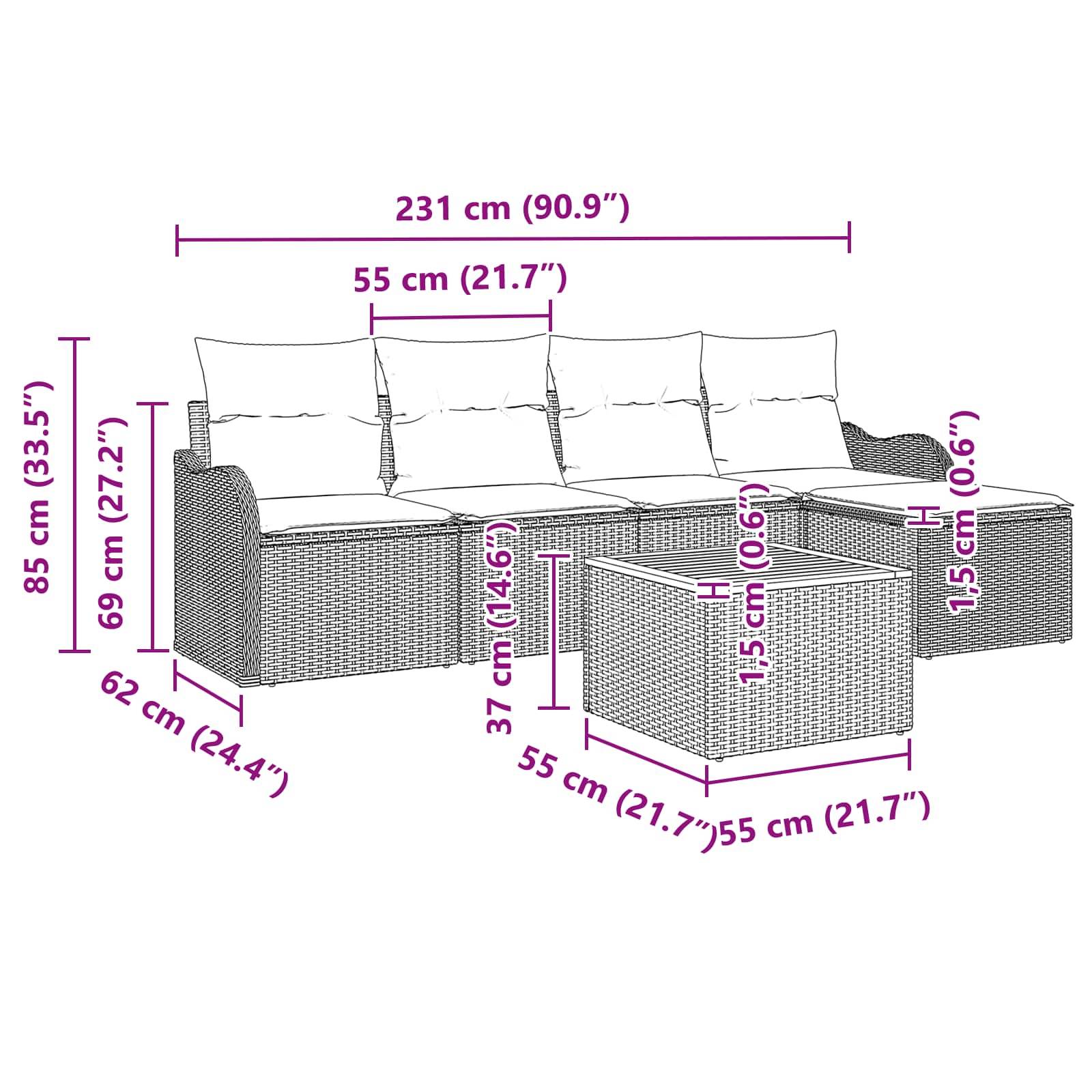 Diagramm eines Schnittsofas und Couchtisches mit beschrifteten Abmessungen in cm und Zoll, die die Gesamtbreite, Sitzhöhe, Tiefe und Tischgröße zeigen.