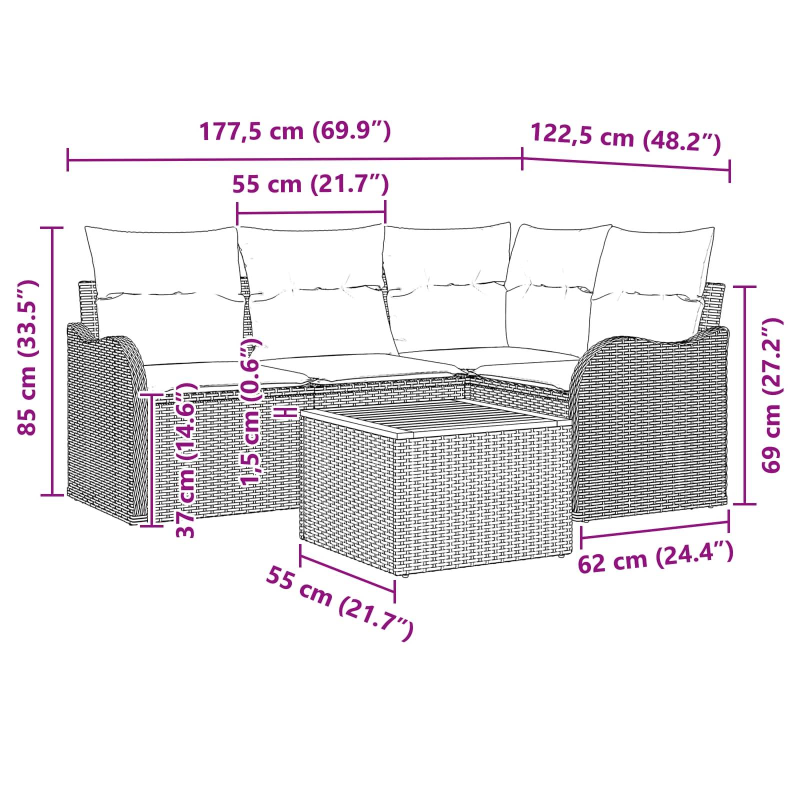 Diagramm eines Eckgartensofa mit Couchtisch, beschriftet mit Abmessungen in cm und Zoll: 177,5 cm Gesamtbreite, 85 cm Höhe, 69 cm Tiefe, Tisch 55 x 55 cm und 62 cm Tiefe des Seitenteils.